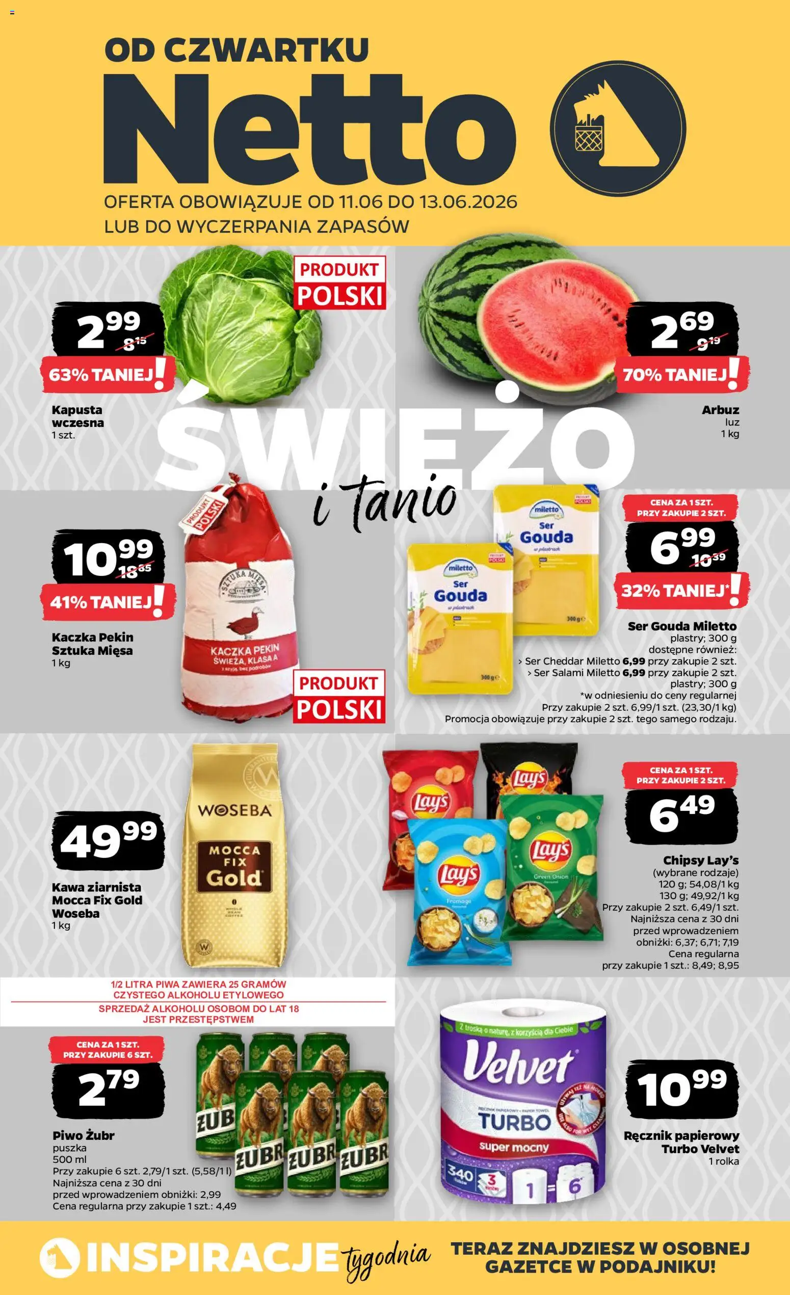 Netto gazetka od czwartku spożywcza od 11.06.2026 | Strona: 1 | Produkty: Piwo żubr, Kapusta, Ręcznik papierowy, Ser cheddar