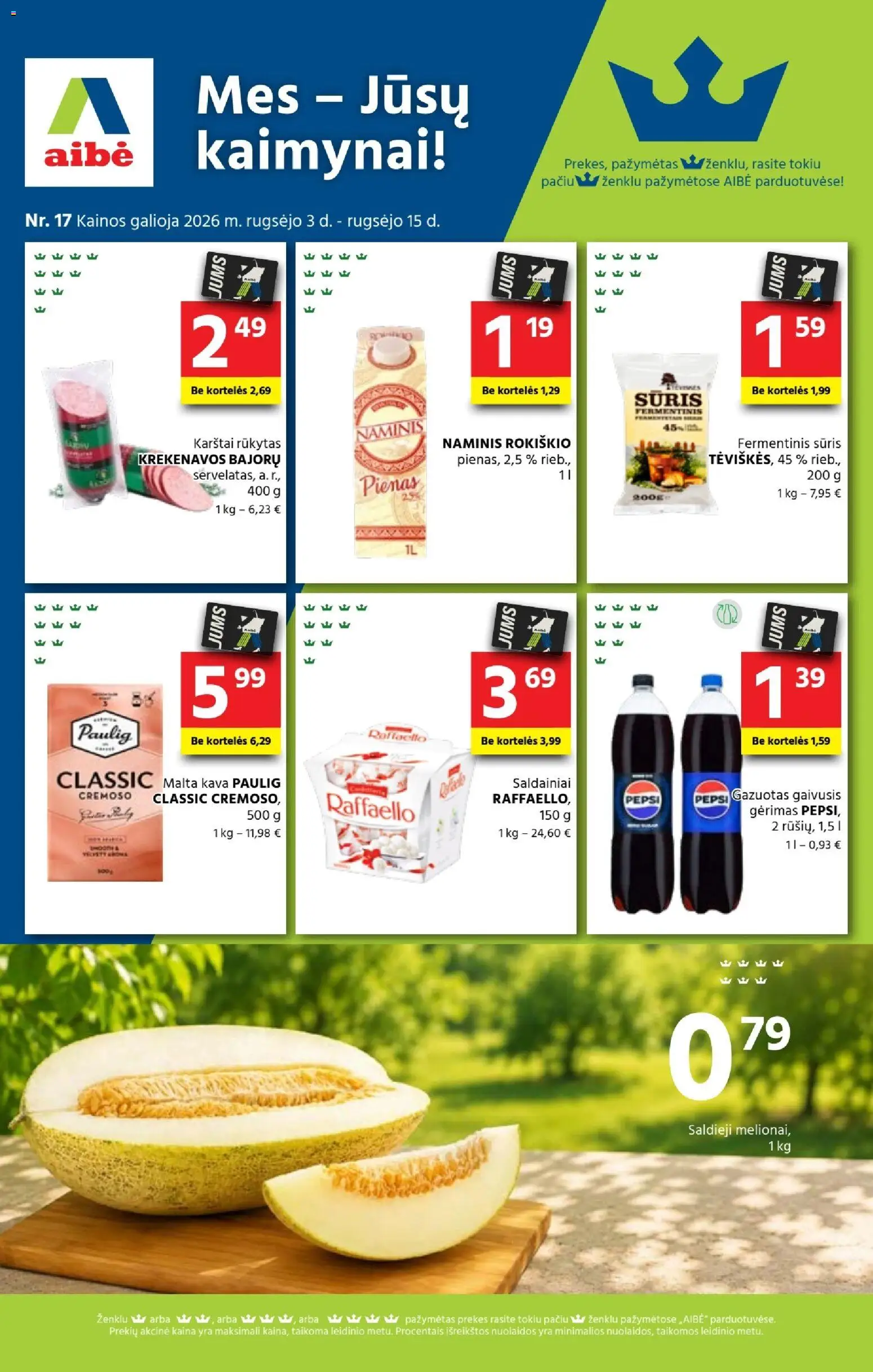 AIBE akcijos nuo 2026.09.03 | Puslapis: 1 | Prekių: Fermentinis sūris, Sūris, Kava, Saldainiai