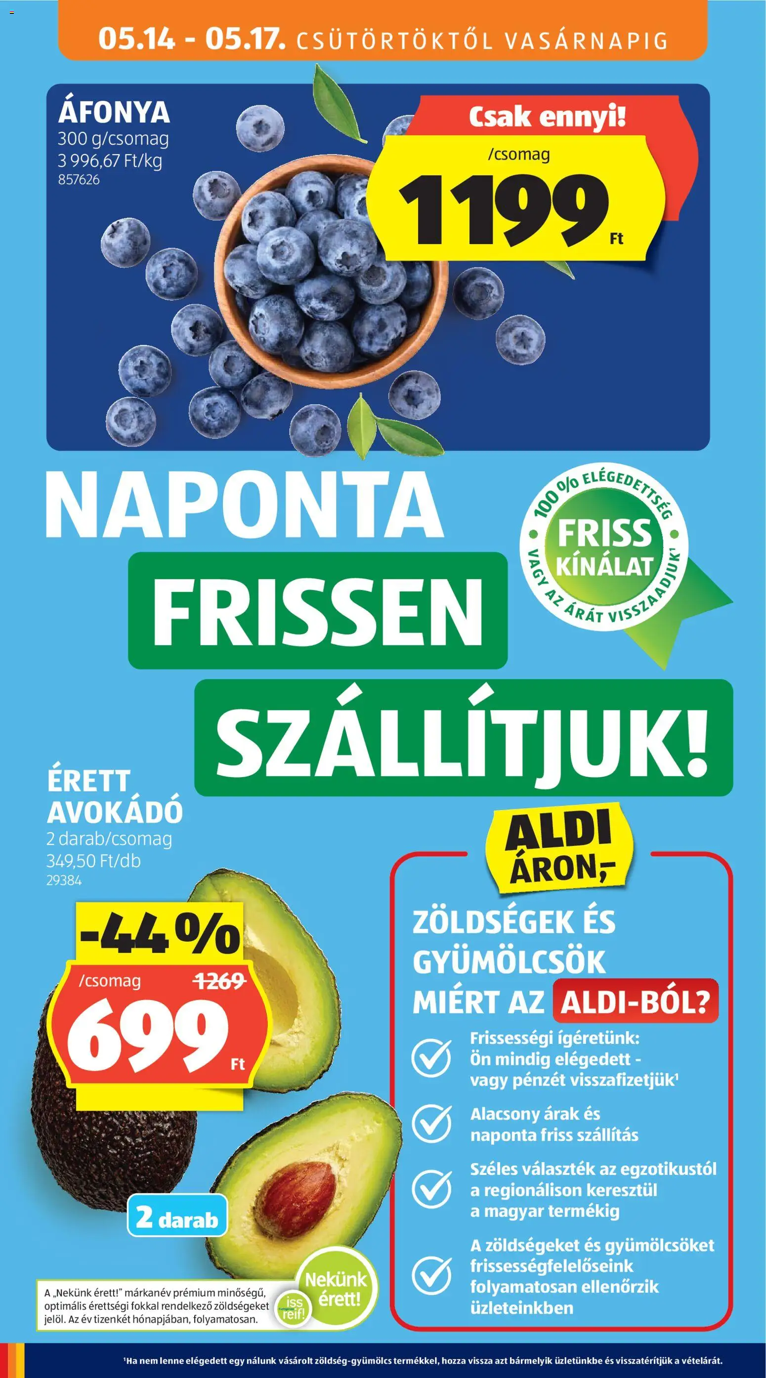 Aldi akciós ujság - amely érvényes a következő dátumtól: 14.05.2026 | Oldal: 10 | Termékek: Áfonya, Avokádó