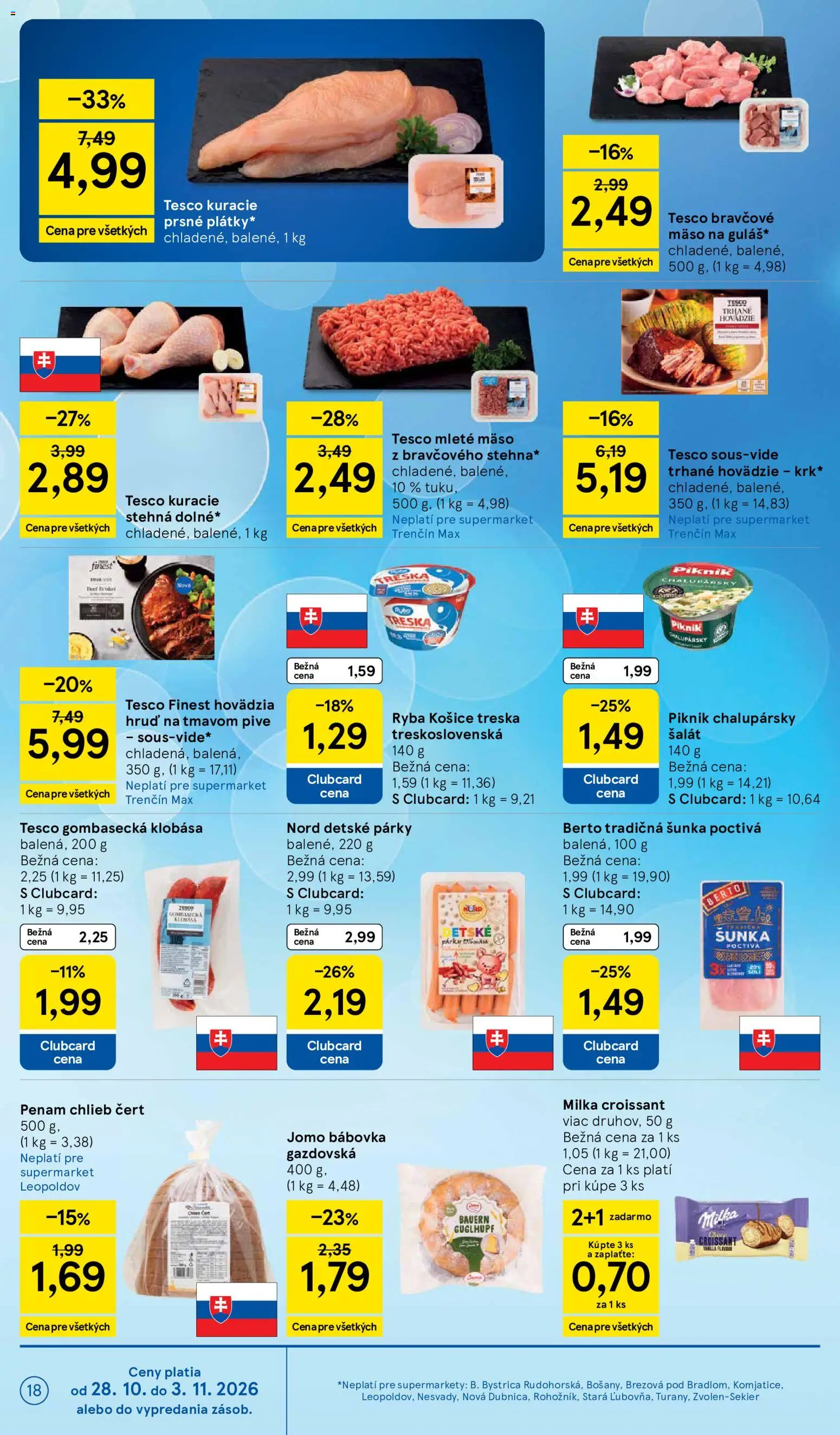 Nové Tesco akcie – leták je platný od 28.10.2026 | Strana: 18 | Produkty: Šunka, Bravčové mäso, Šalát, Treska