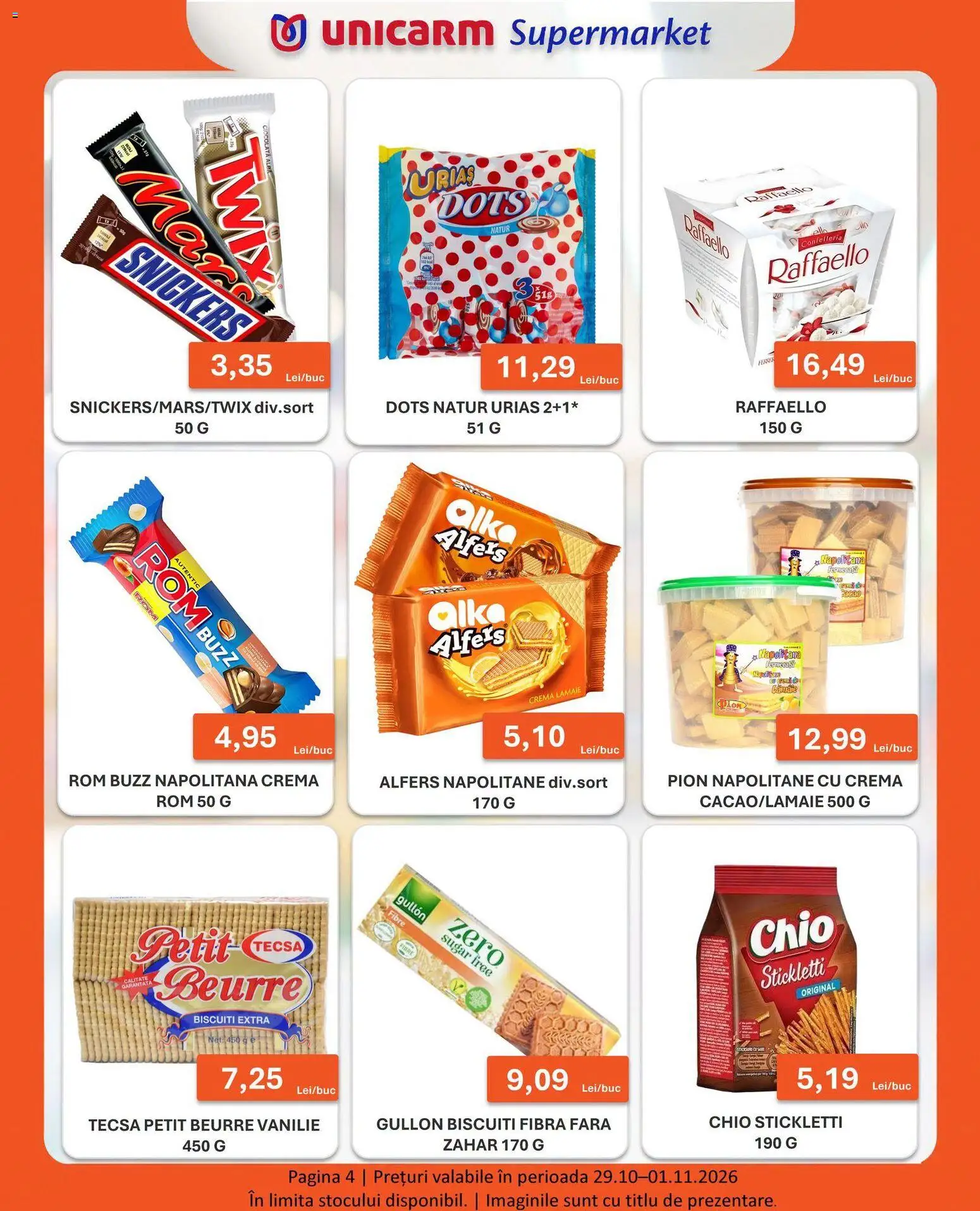 Noul catalog Unicarm – valabil de la 29.10.2026 | Pagină: 4 | Produse: Napolitane, Rom, Biscuiți, Zahăr