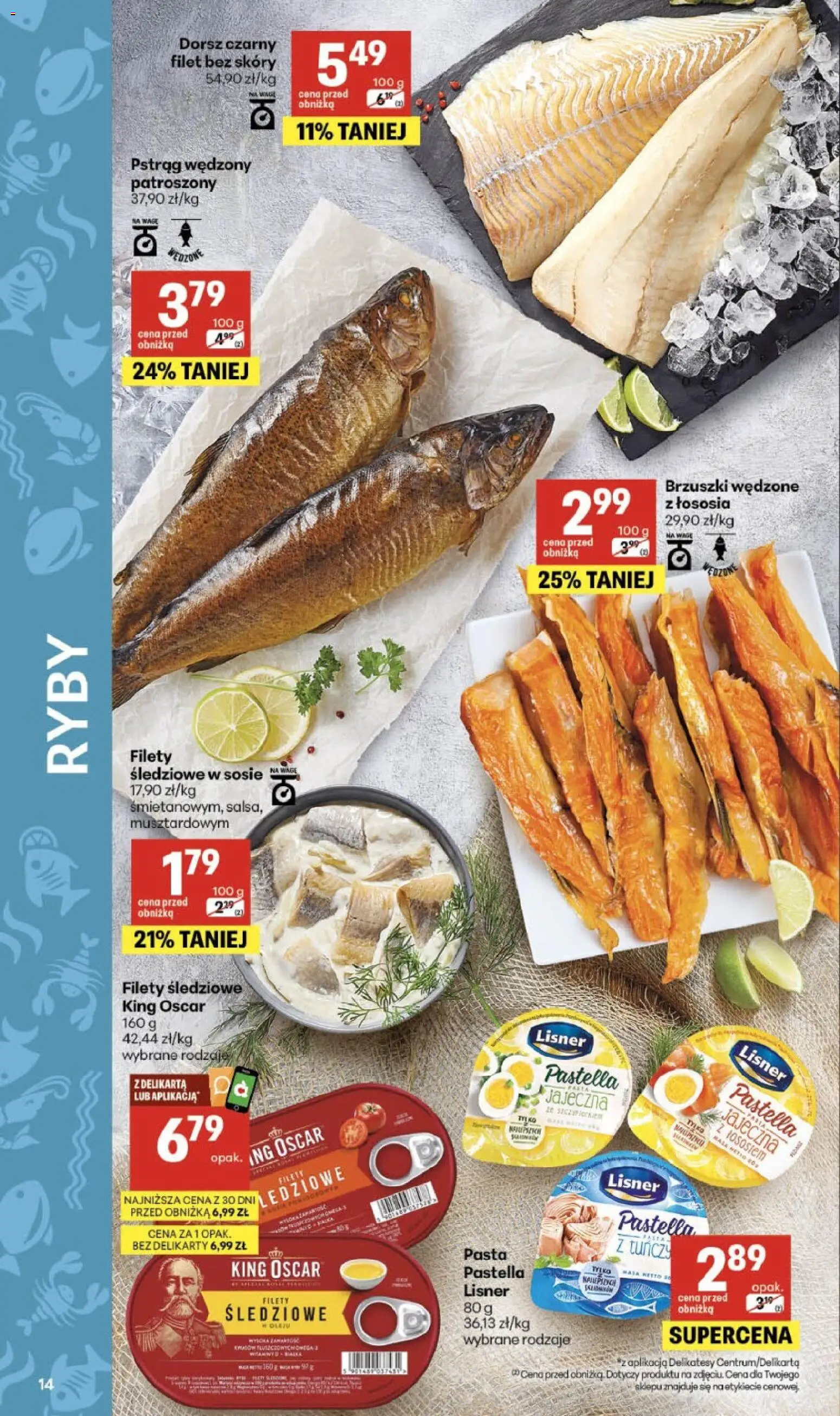 Delikatesy Centrum gazetka od 23.07.2026 | Strona: 14 | Produkty: Pstrąg, Dorsz, Pstrąg wędzony, Dorsz czarny