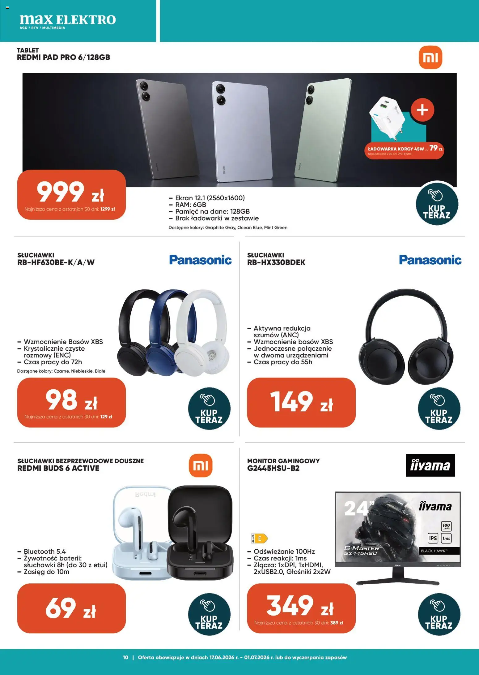 Max elektro gazetka od 17.06.2026 | Strona: 10 | Produkty: Monitor, Słuchawki, Ładowarka, Słuchawki bezprzewodowe