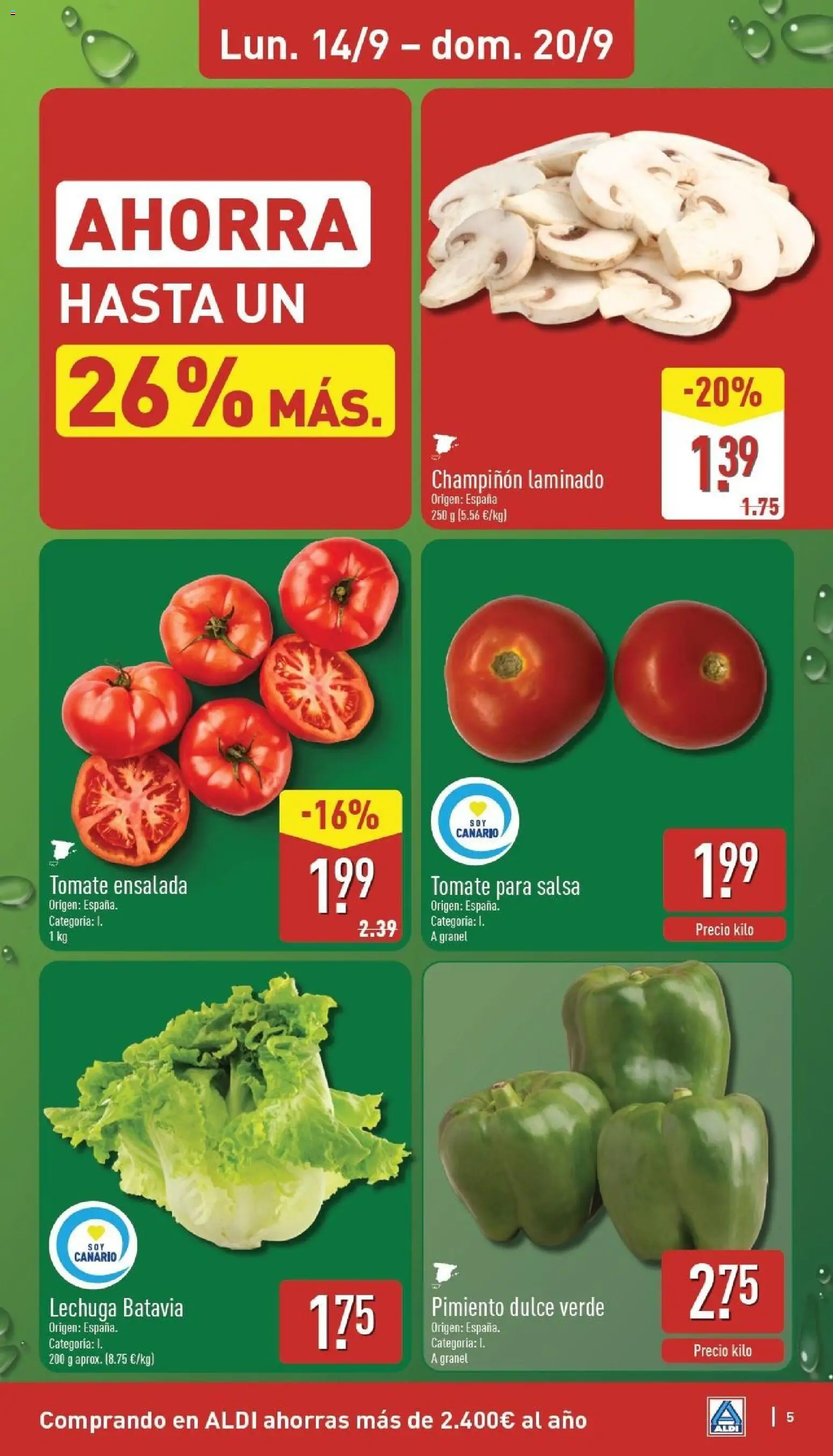 Aldi folleto Canarias │ válido desde el 14/09/2026 | Página: 5 | Productos: Dulce, Tomate, Pimiento, Ensalada