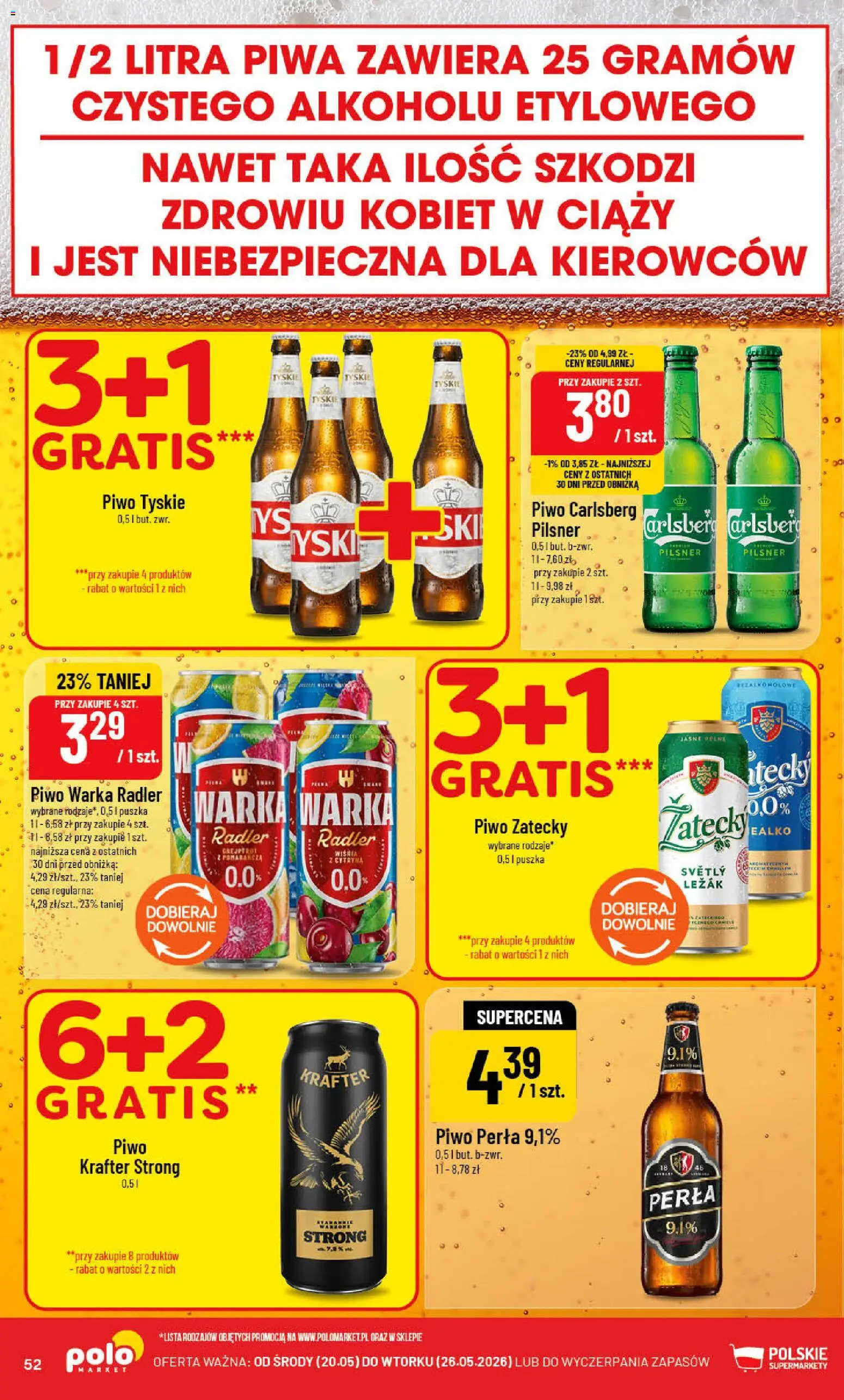 POLOmarket gazetka od 20.05.2026 | Strona: 52 | Produkty: Leżak, Warka, Tyskie, Piwo Carlsberg