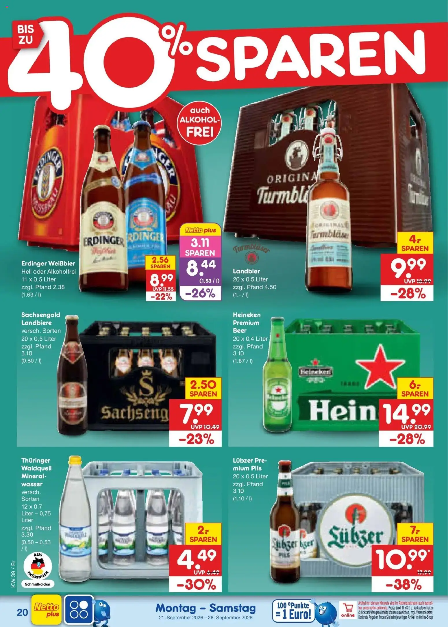 Netto Marken-Discount Prospekt Naumburg – gültig ab 21.09.2026 | Seite: 28 | Produkte: Weißbier, Heineken, Wasser, Alkohol