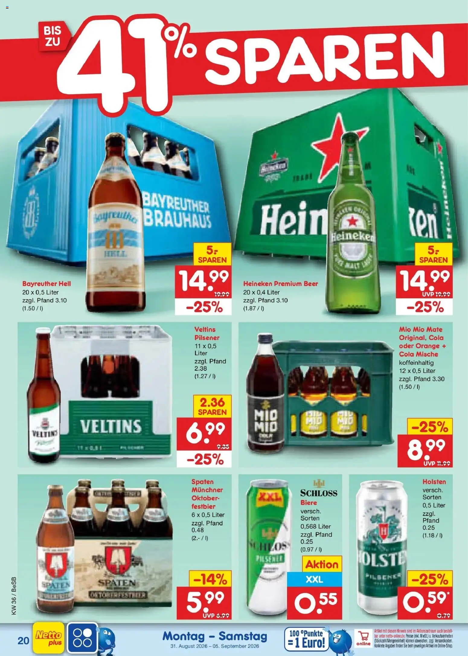 Netto Marken-Discount Prospekt Kremmen (ab 31.08.2026) » Angebote | Seite: 26 | Produkte: Bayreuther hell, Mio mio mate, Heineken, Veltins