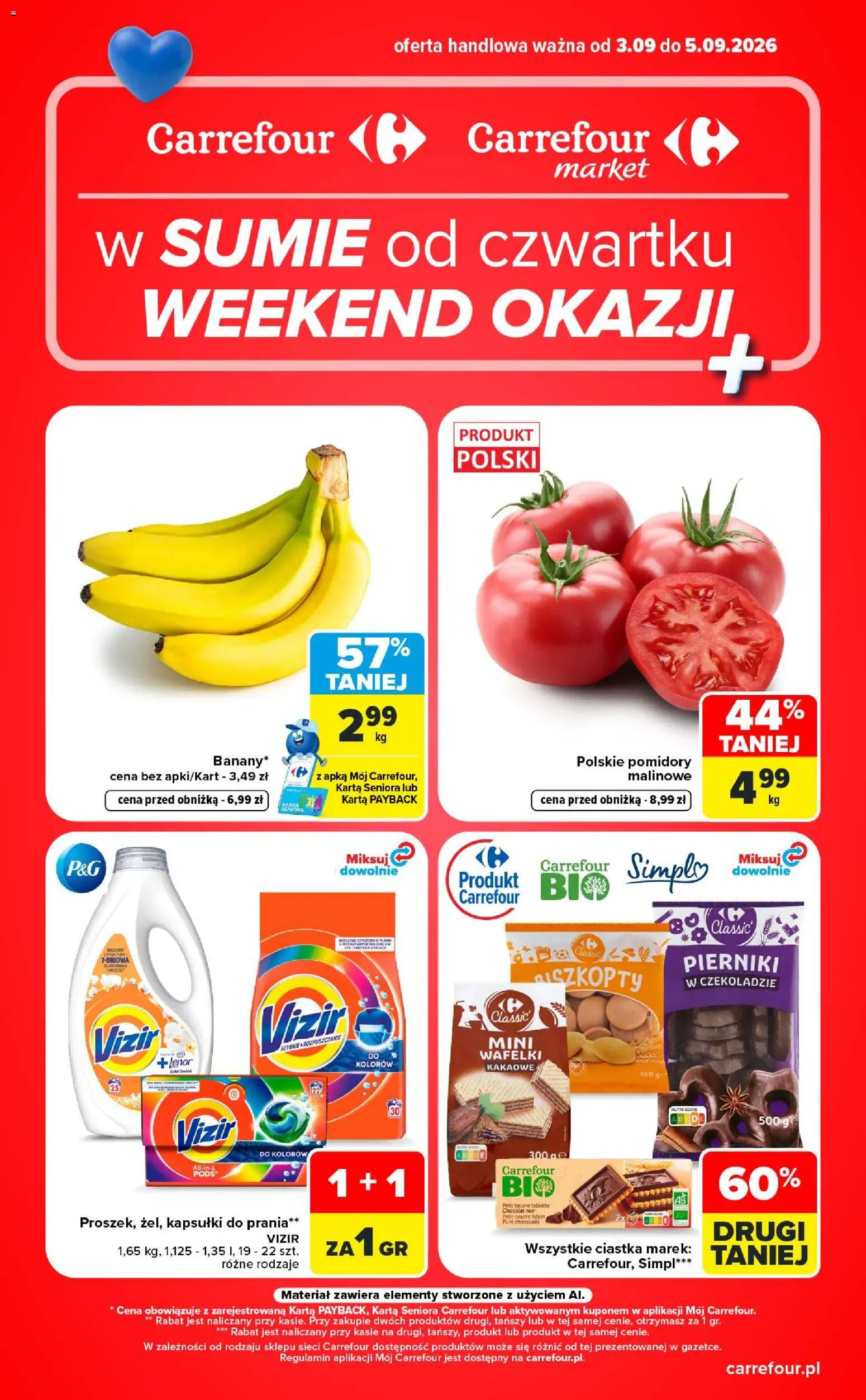 Carrefour gazetka - Weekend okazji od 03.09.2026 | Strona: 1 | Produkty: Karta, Pierniki, Pierniki w czekoladzie, Pomidory