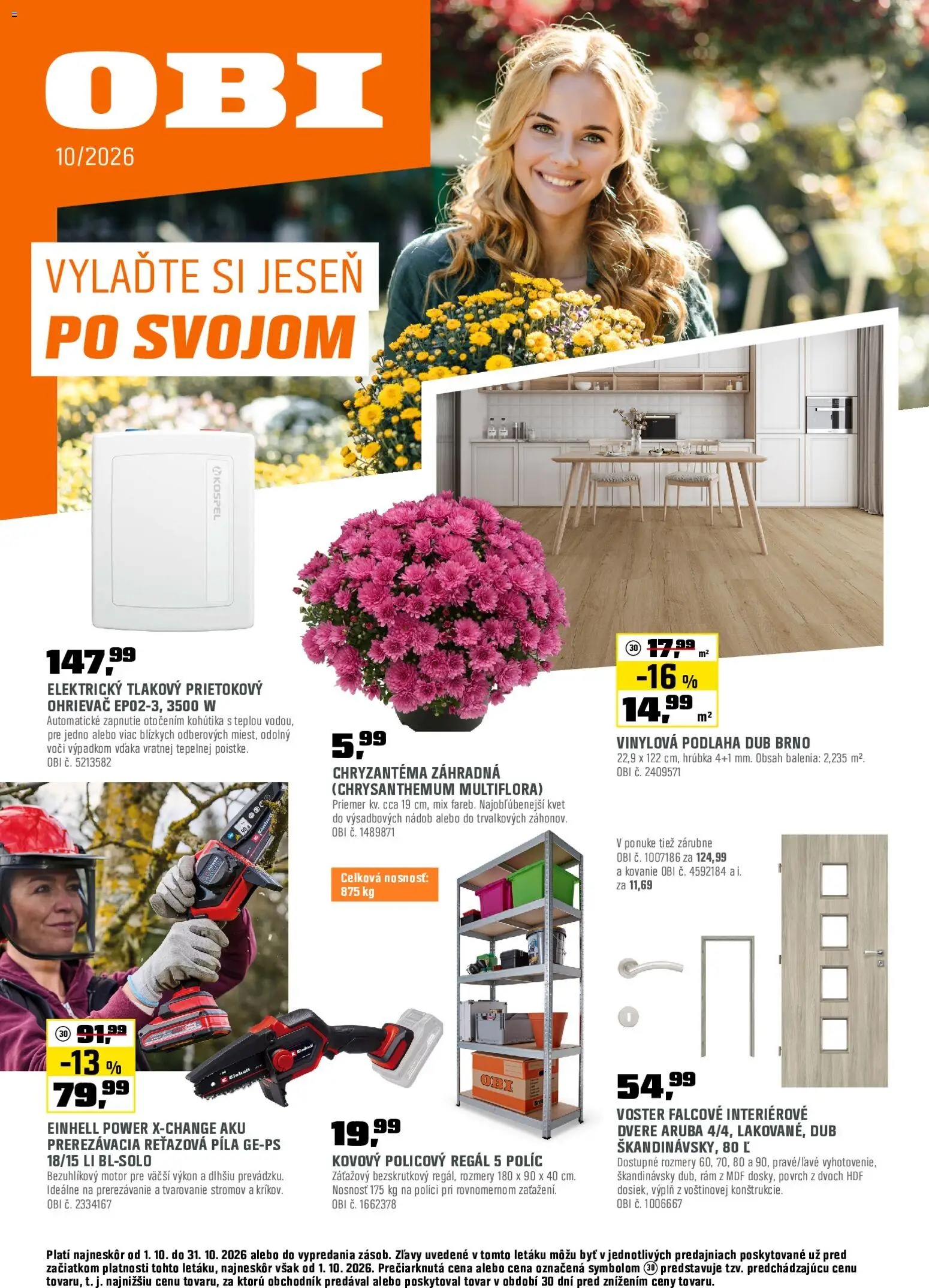 Nové OBI akcie – leták je platný od 01.10.2026 | Strana: 1 | Produkty: Regál, Policový regál, Reťazová píla, Vinylová podlaha