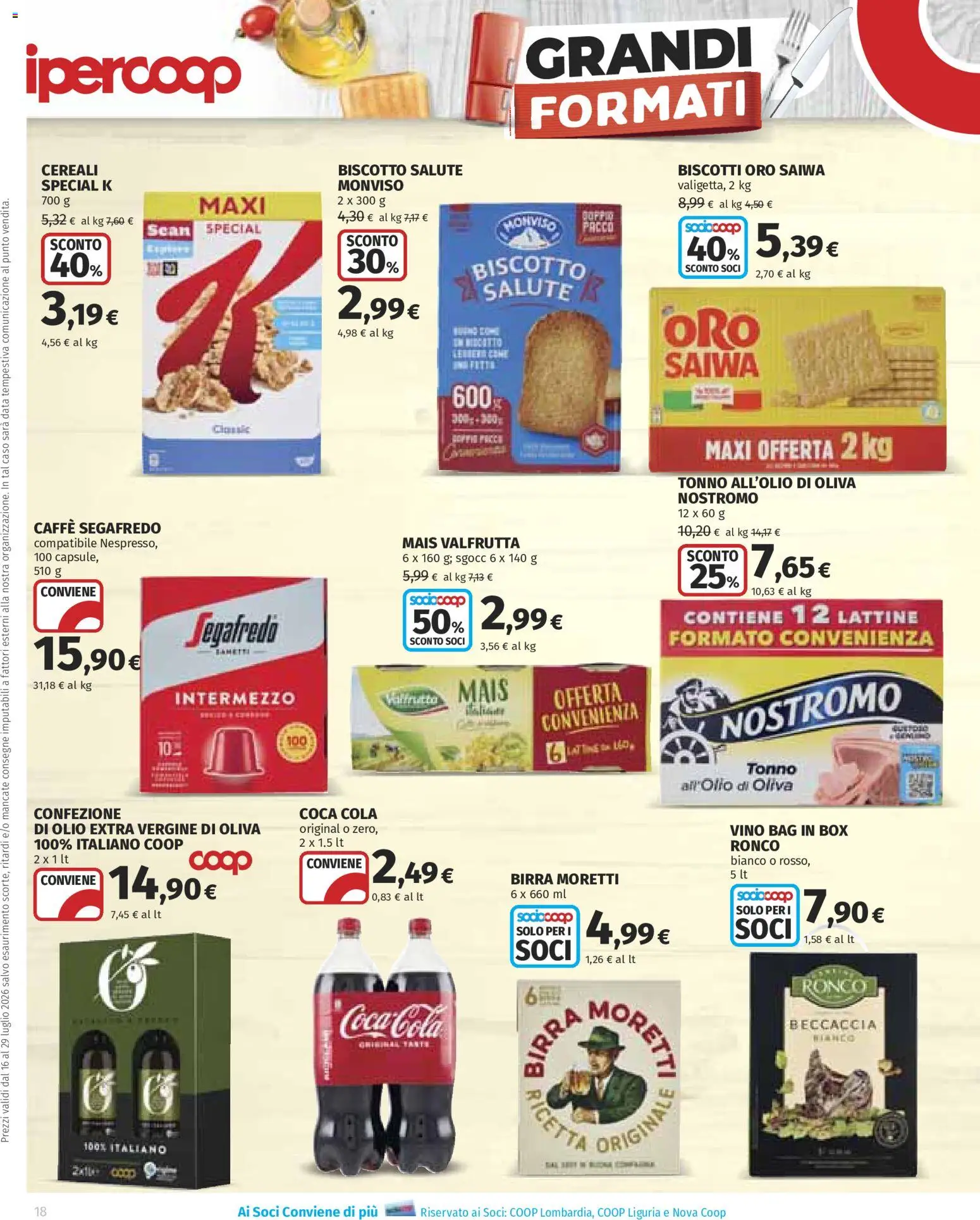 Volantino Ipercoop del 16/07/2026 | Pagina: 18 | Prodotti: Cereali, Birra Moretti, Data, Olio extra vergine