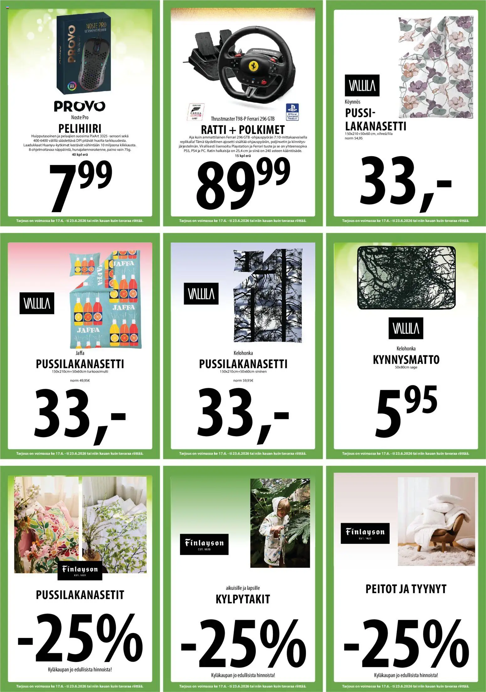Tuuri tarjoukset – voimassa 17.06.2026 alkaen | Sivu: 17 | Tuotteet: Tyynyt, Rätti, Kynnysmatto, Playstation