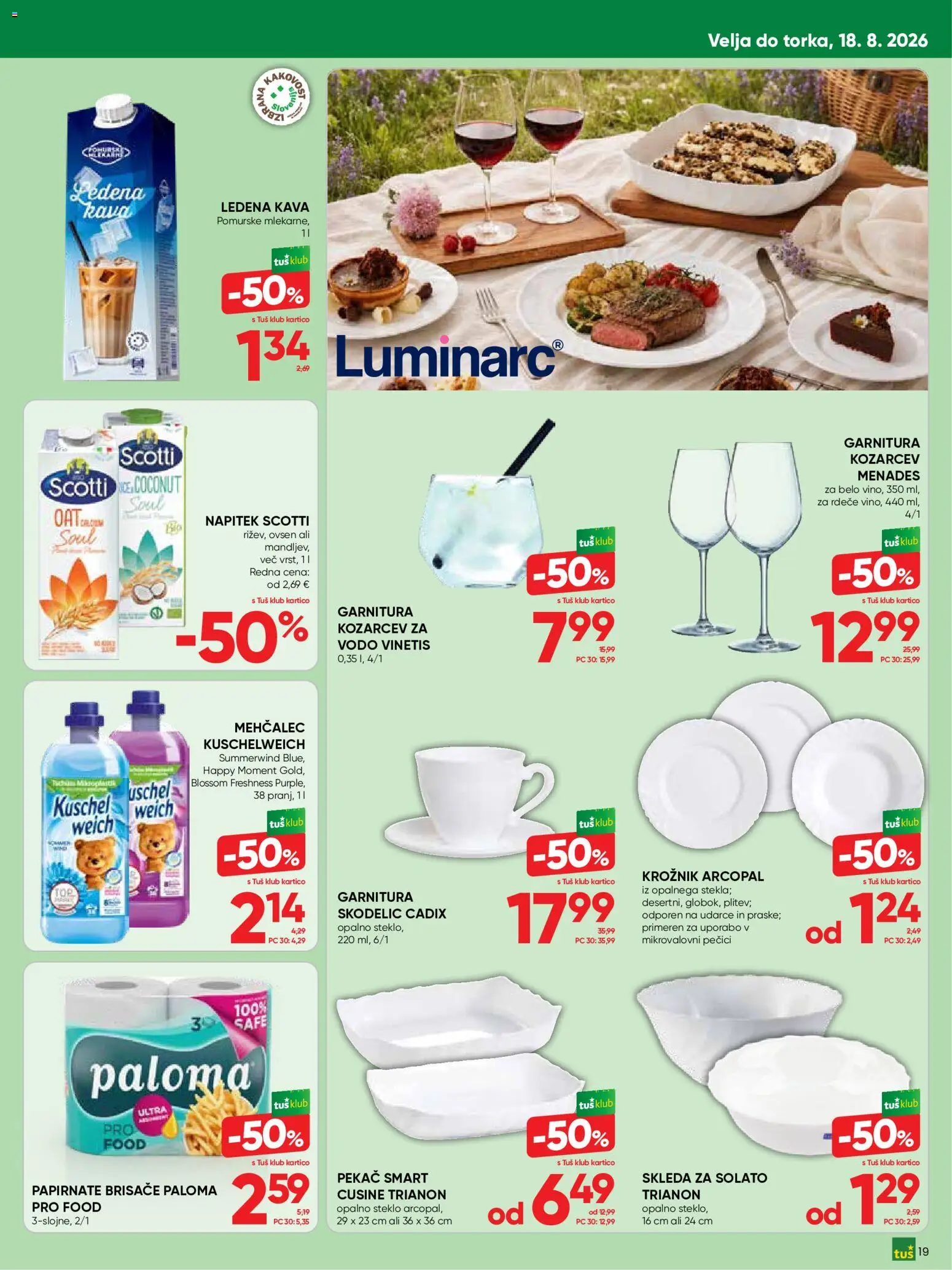 Novi Tuš katalog ponudbe – veljaven od 05.08.2026 | Stran: 19 | Izdelki: Mehčalec, Papirnate brisače, Kava