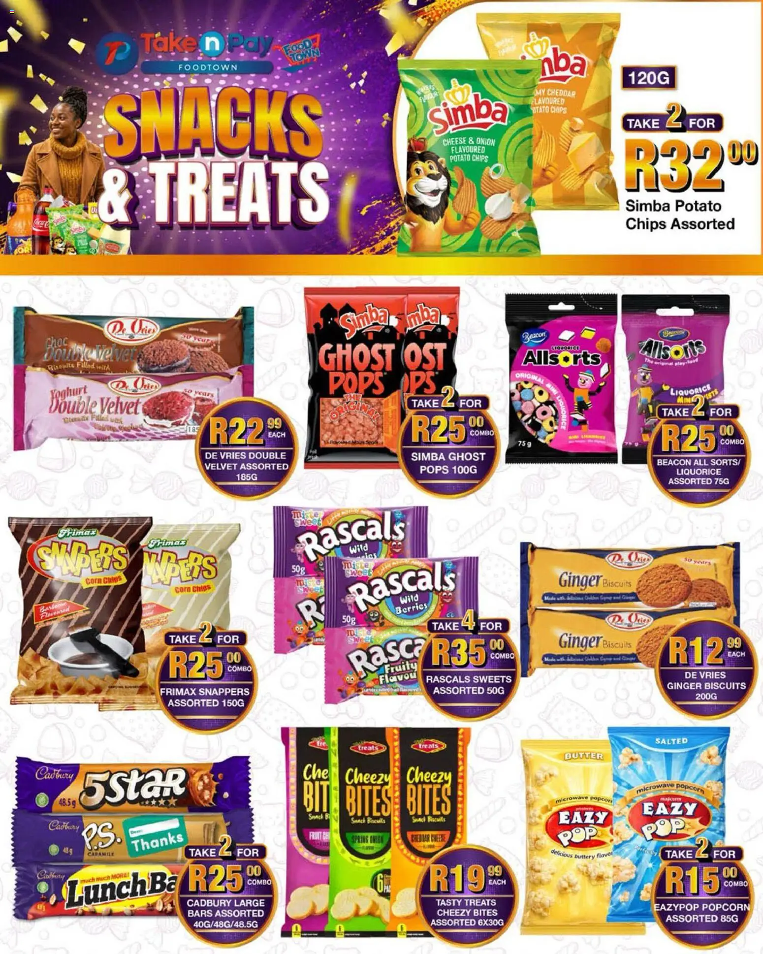 New Take n Pay catalogue – valid from 04.05.2026 | Page: 2 | Products: Sweets, Butter, Cheese, Snacks