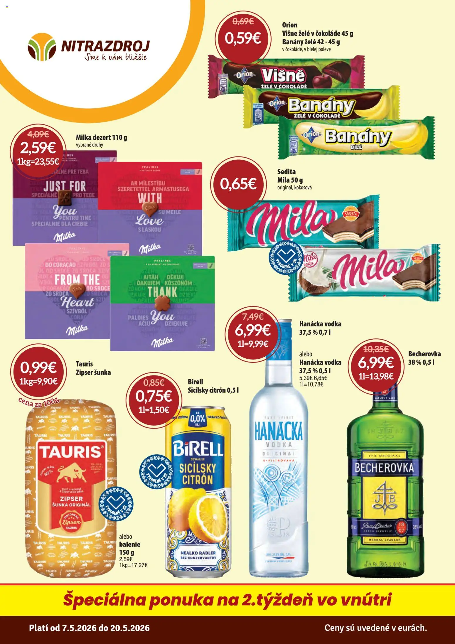 Nové Nitrazdroj akcie – leták je platný od 07.05.2026 | Strana: 1 | Produkty: Radler, Mila, Višne, Jar