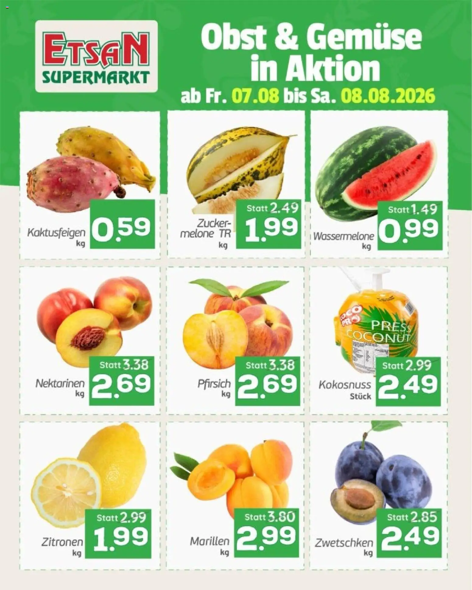 ETSAN Obst und Gemüse gültig ab 07.08.2026 | Seite: 2 | Produkte: Obst, Zucker, Pfirsich, Wassermelone