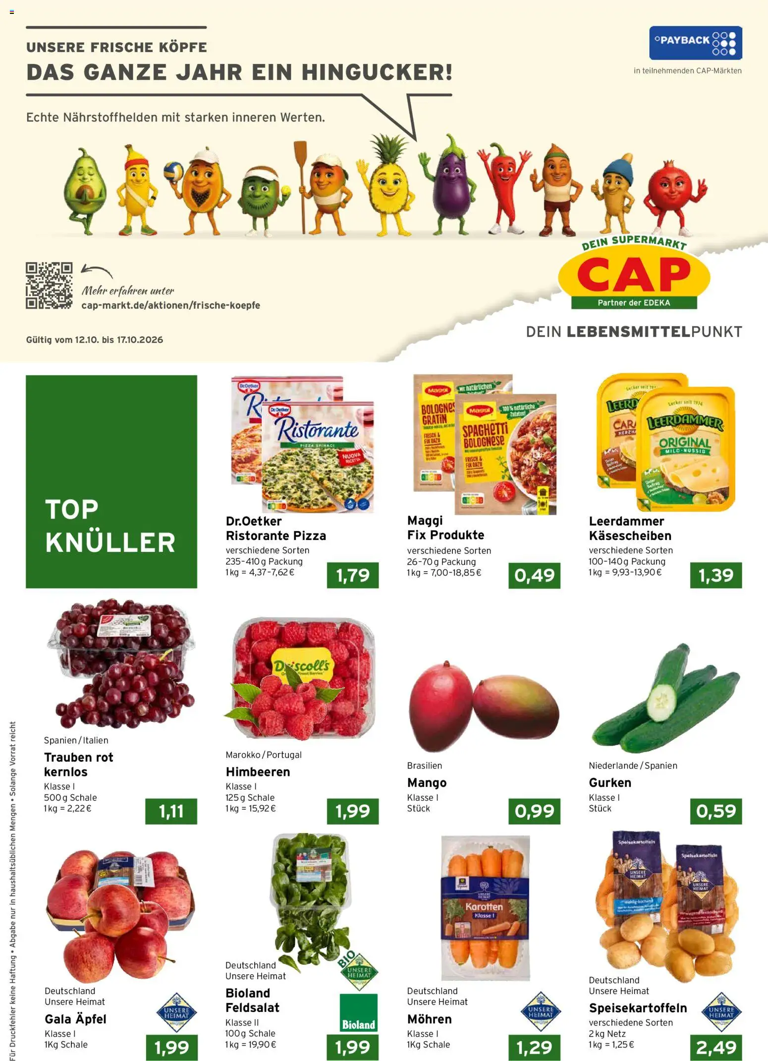 CAP Markt Prospekt – gültig ab 12.10.2026 | Seite: 1 | Produkte: Himbeeren, Spaghetti, Pizza, Gurken