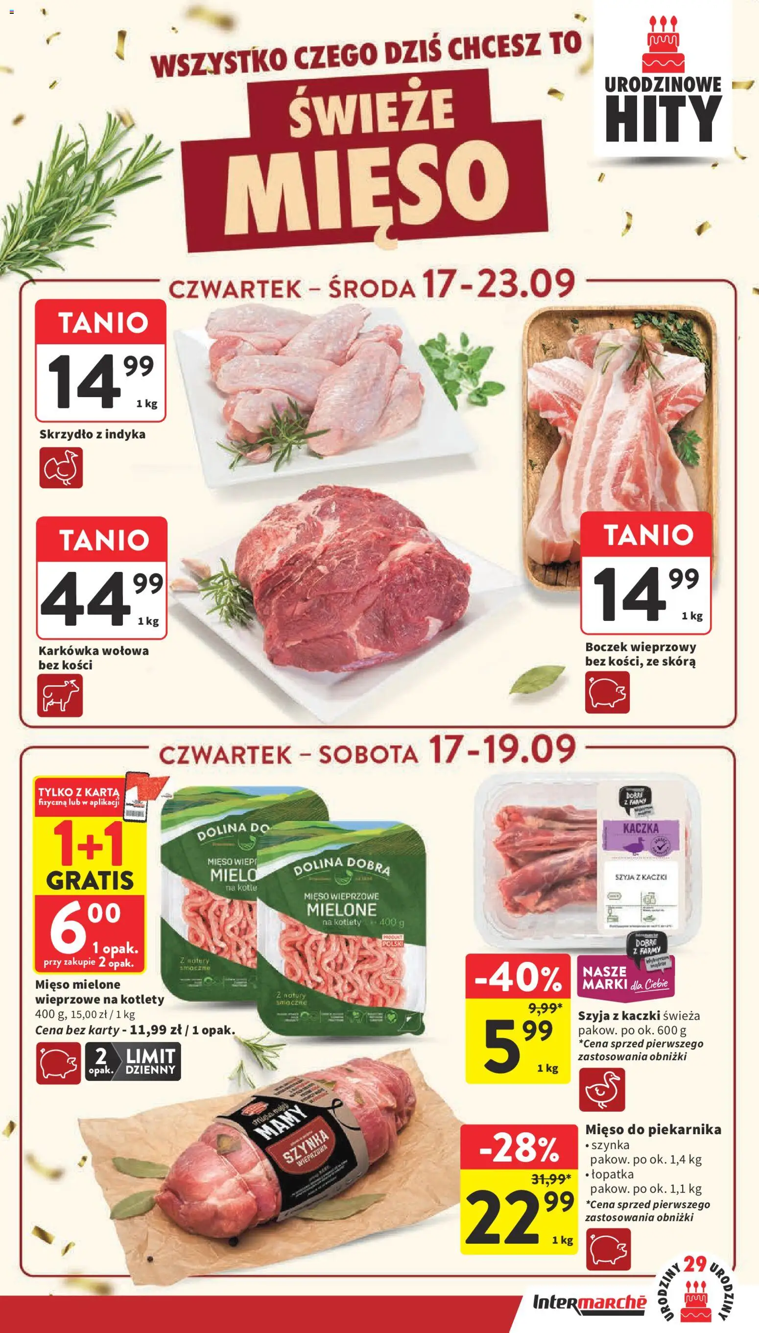 Intermarche gazetka od 17.09.2026 | Strona: 13 | Produkty: Boczek wieprzowy bez kości, Boczek wieprzowy, Szynka, Mięso wieprzowe