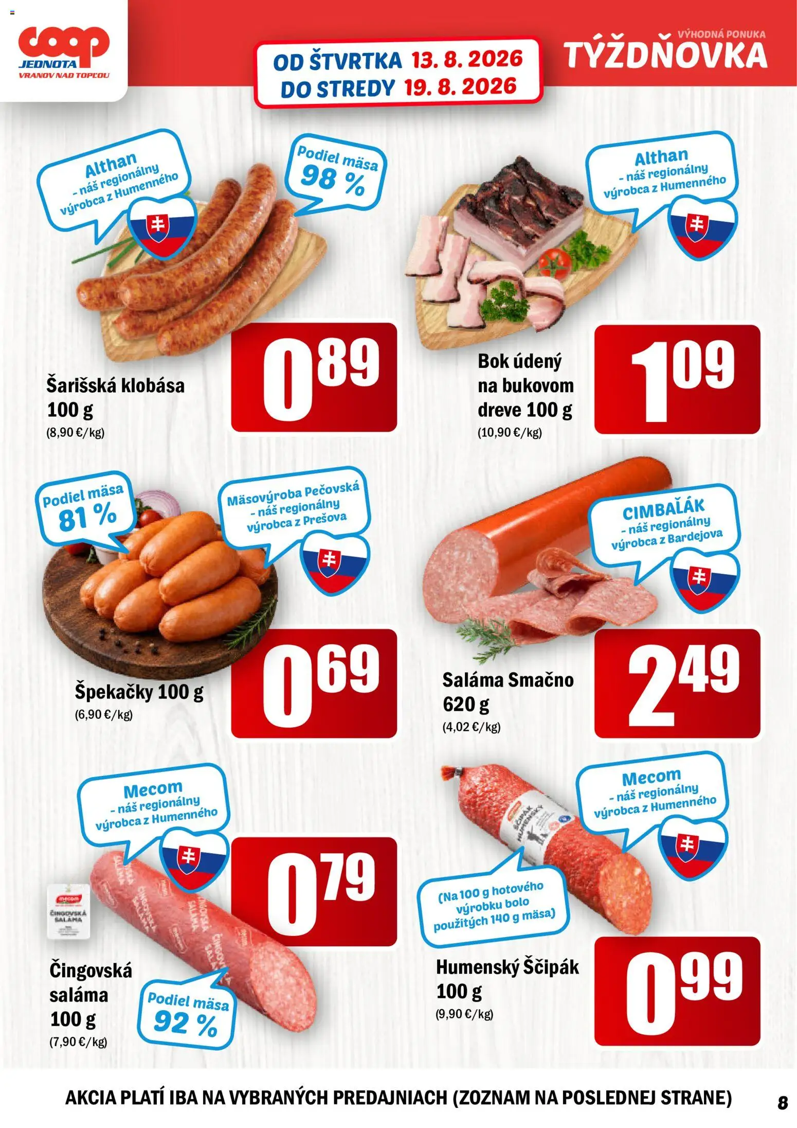 Nové COOP Jednota akcie – leták je platný od 13.08.2026 | Strana: 8 | Produkty: Saláma, Klobása