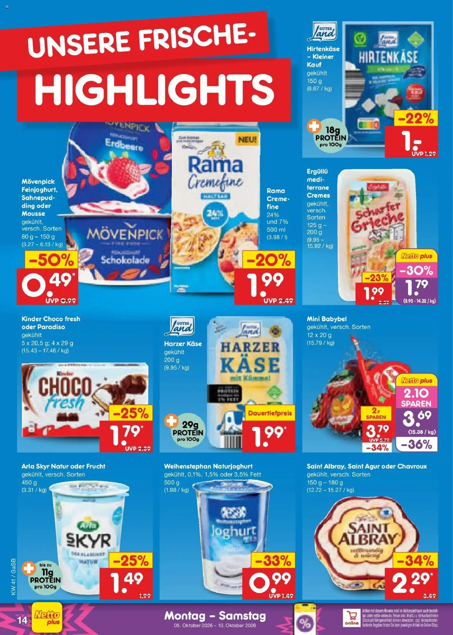 Netto Marken-Discount Prospekt Oldenburg (ab 05.10.2026) » Angebote | Seite: 14 | Produkte: Rama, Schokolade, Skyr, Babybel
