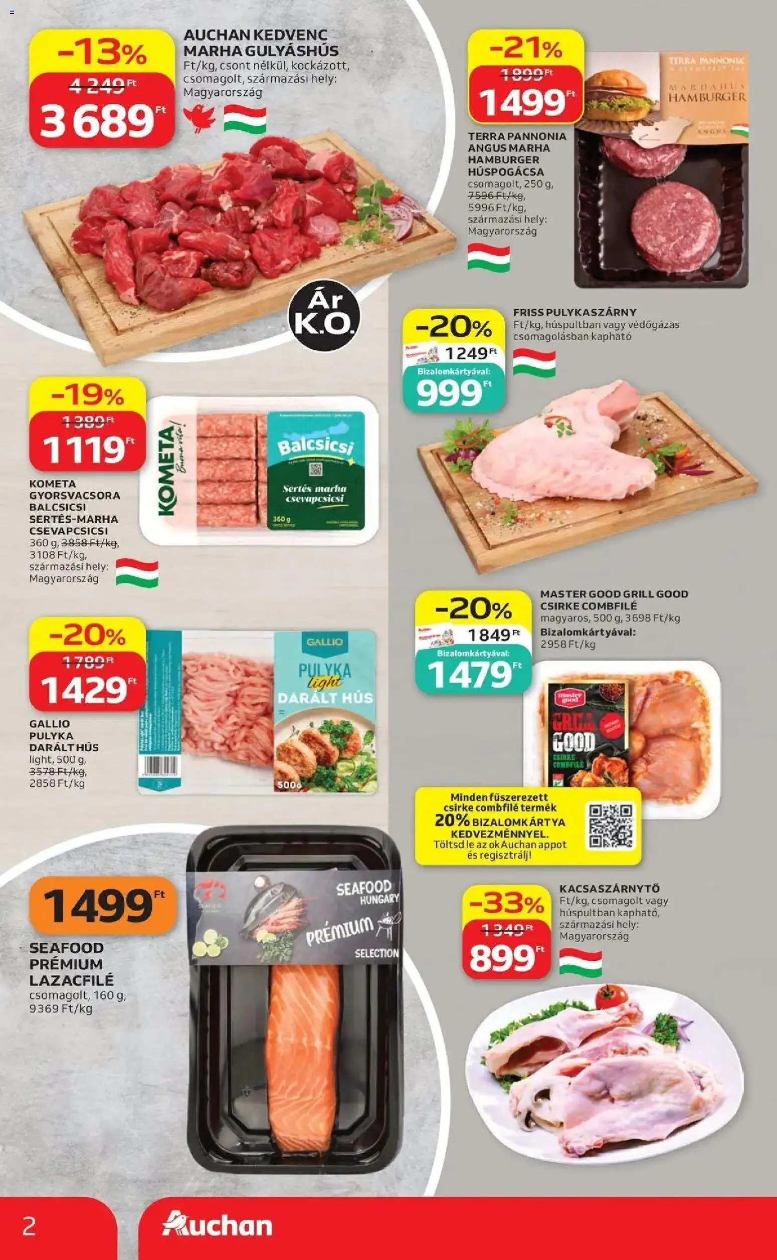 Auchan akciós újság Szolnok - 2026.08.27. -tól/töl > akció, lapozható szórólap 🛍️ | Oldal: 2 | Termékek: Darált hús, Lazacfilé, Csirke, Gulyáshús