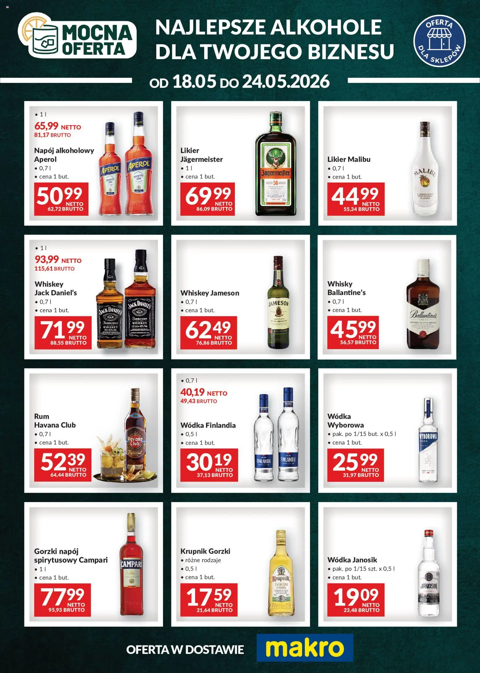 Makro gazetka - Mocna oferta od 18.05.2026 | Strona: 1 | Produkty: Jack Daniel's, Jagermeister, Wódka janosik, Whisky