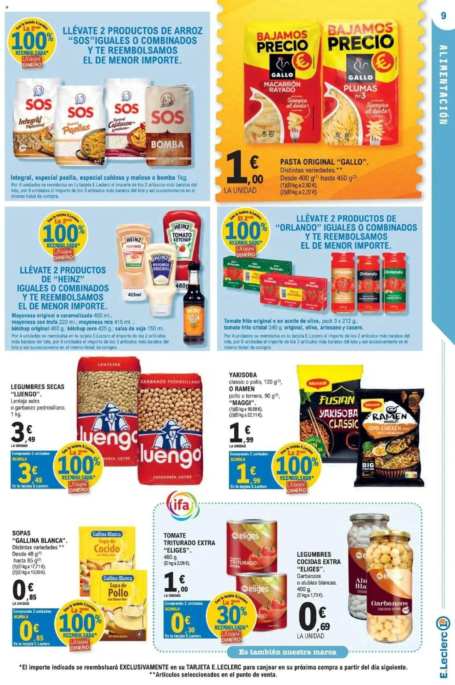 E.Leclerc Megames 1 │ válido desde el 23/09/2026 | Página: 9 | Productos: Aceite, Tomate, Pasta, Legumbres