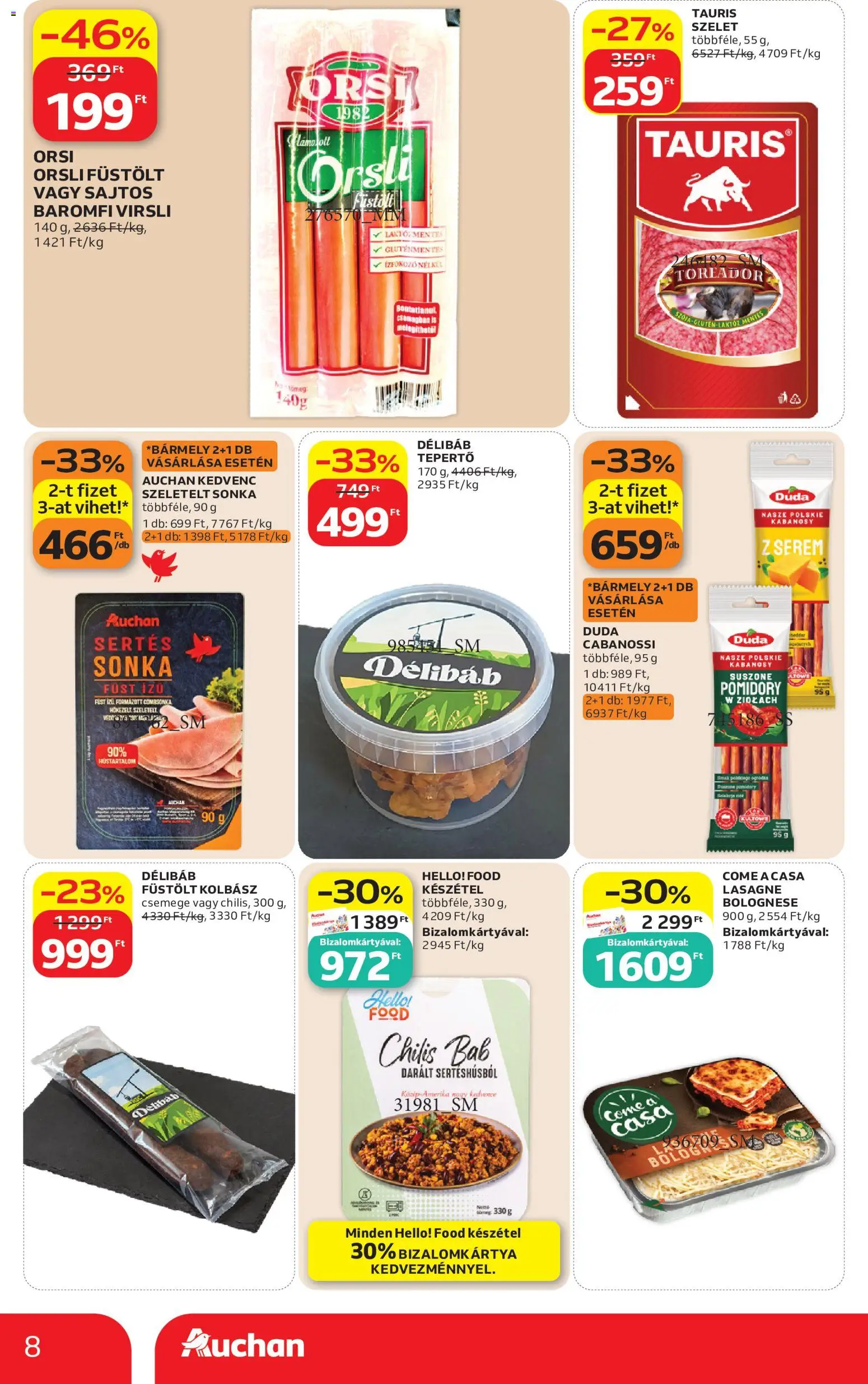 Auchan akciós ujság - amely érvényes a következő dátumtól: 21.05.2026 | Oldal: 8 | Termékek: Virsli, Kolbász, Sonka, Gluténmentes