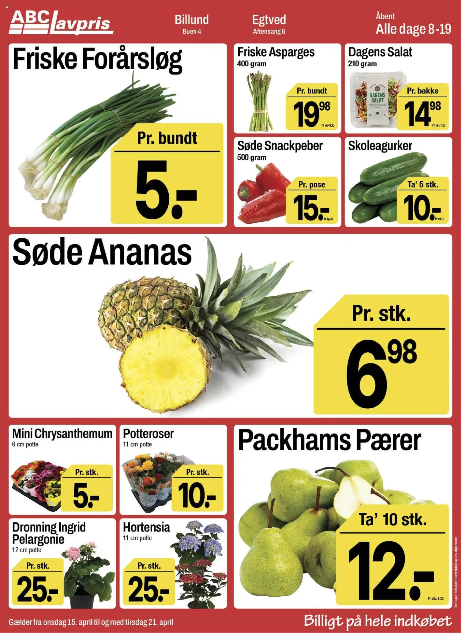 Abc Lavpris tilbudsavis – gyldig fra 15.04.2026 | Side: 1 | Produkter: Ananas, Forårsløg, Pærer, Asparges
