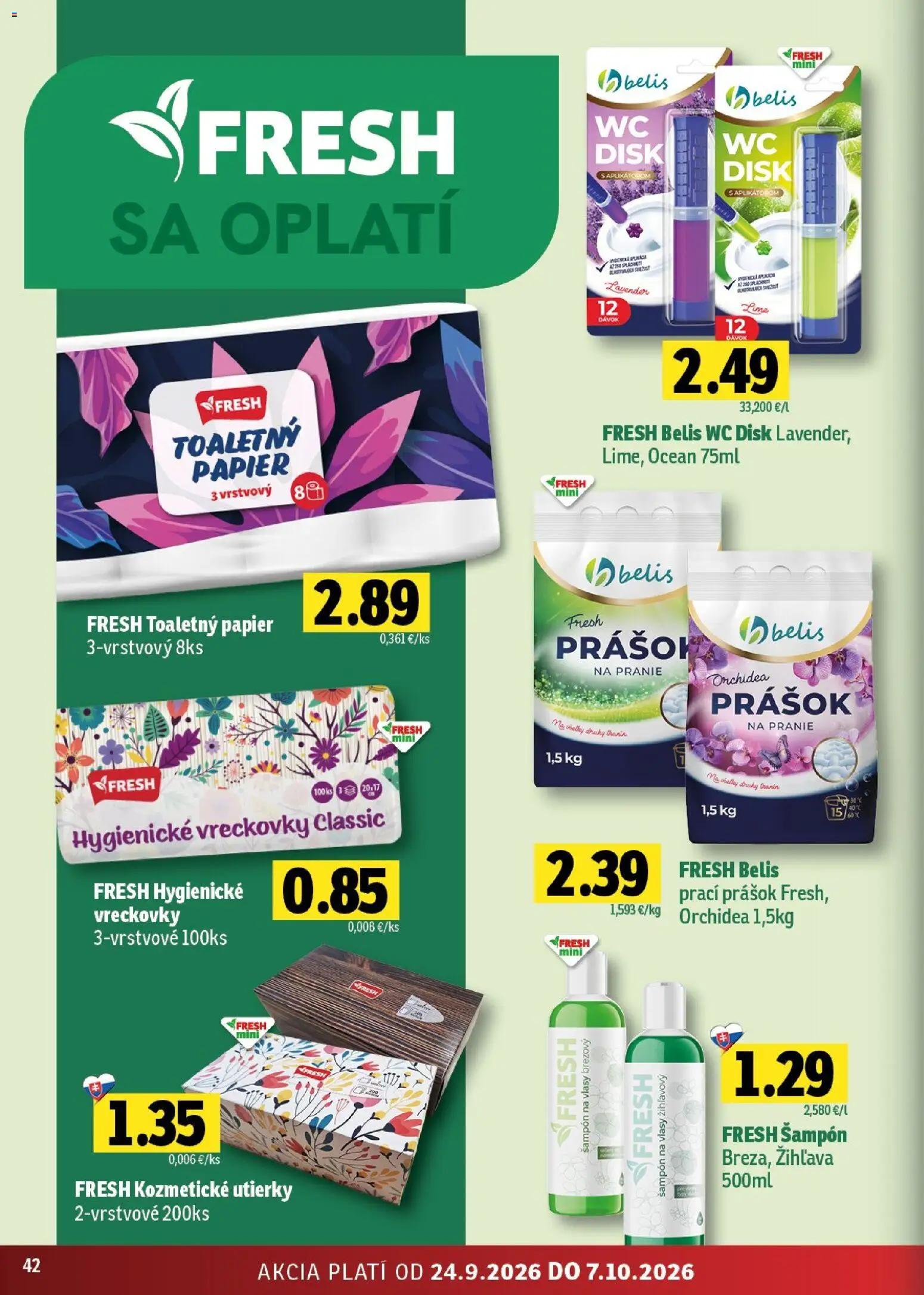 Nové Fresh akcie – leták je platný od 24.09.2026 | Strana: 42 | Produkty: Toaletný papier, Vreckovky, Orchidea, Disk