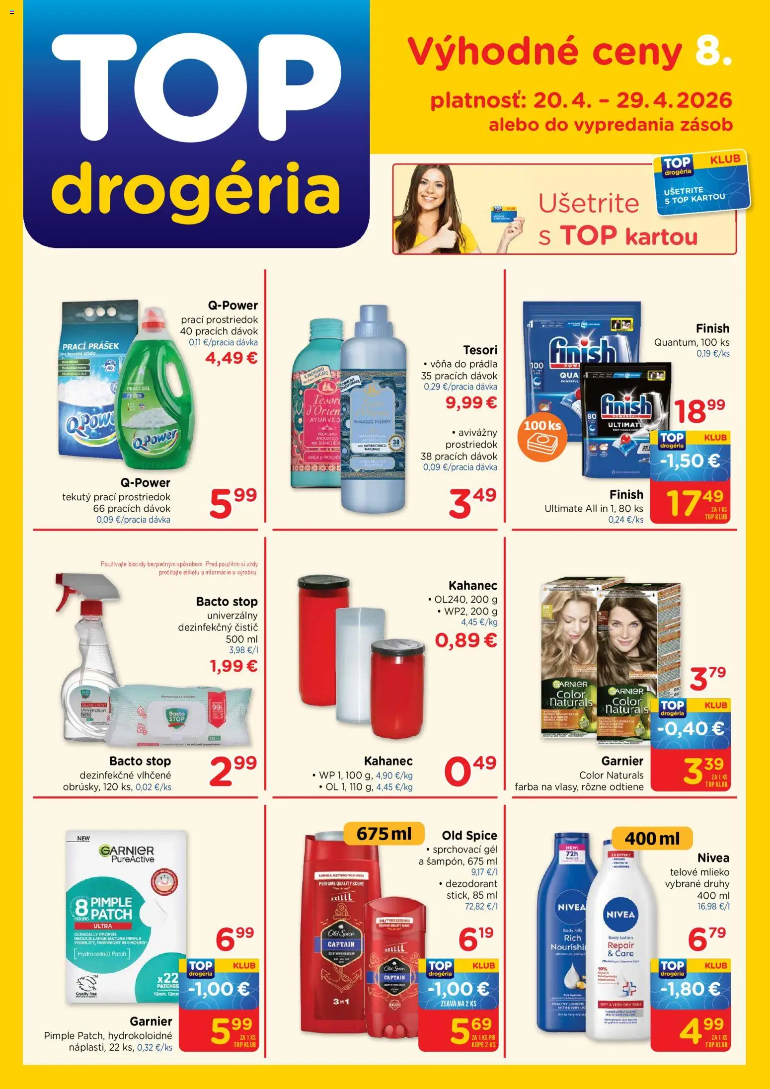 Nové TOP Drogéria akcie – leták je platný od 20.04.2026 | Strana: 1 | Produkty: Mlieko, Nivea, Old Spice, Telové mlieko