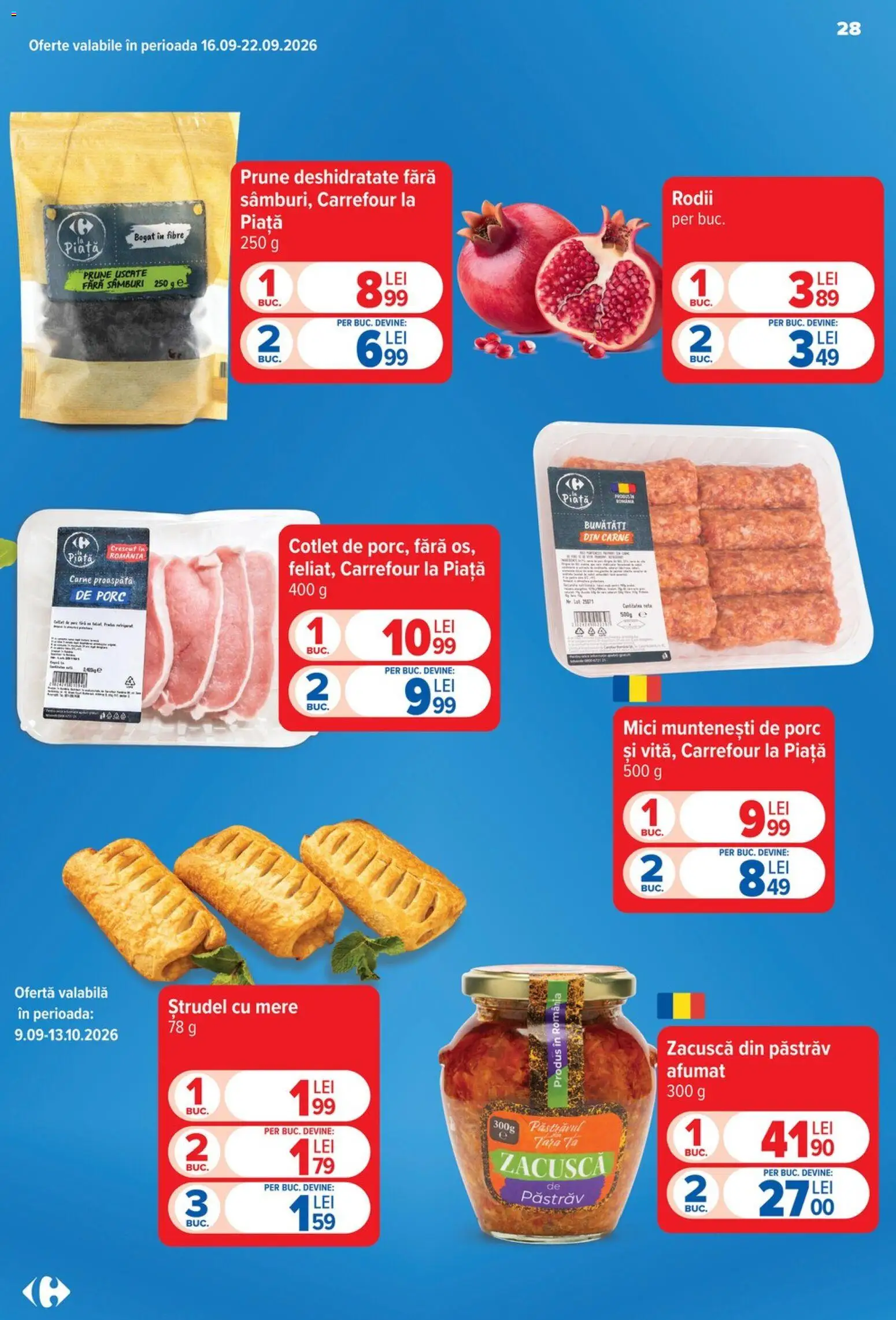 Noul catalog Carrefour – valabil de la 09.09.2026 | Pagină: 28 | Produse: Ştrudel cu mere, Pui, Mici, Mere