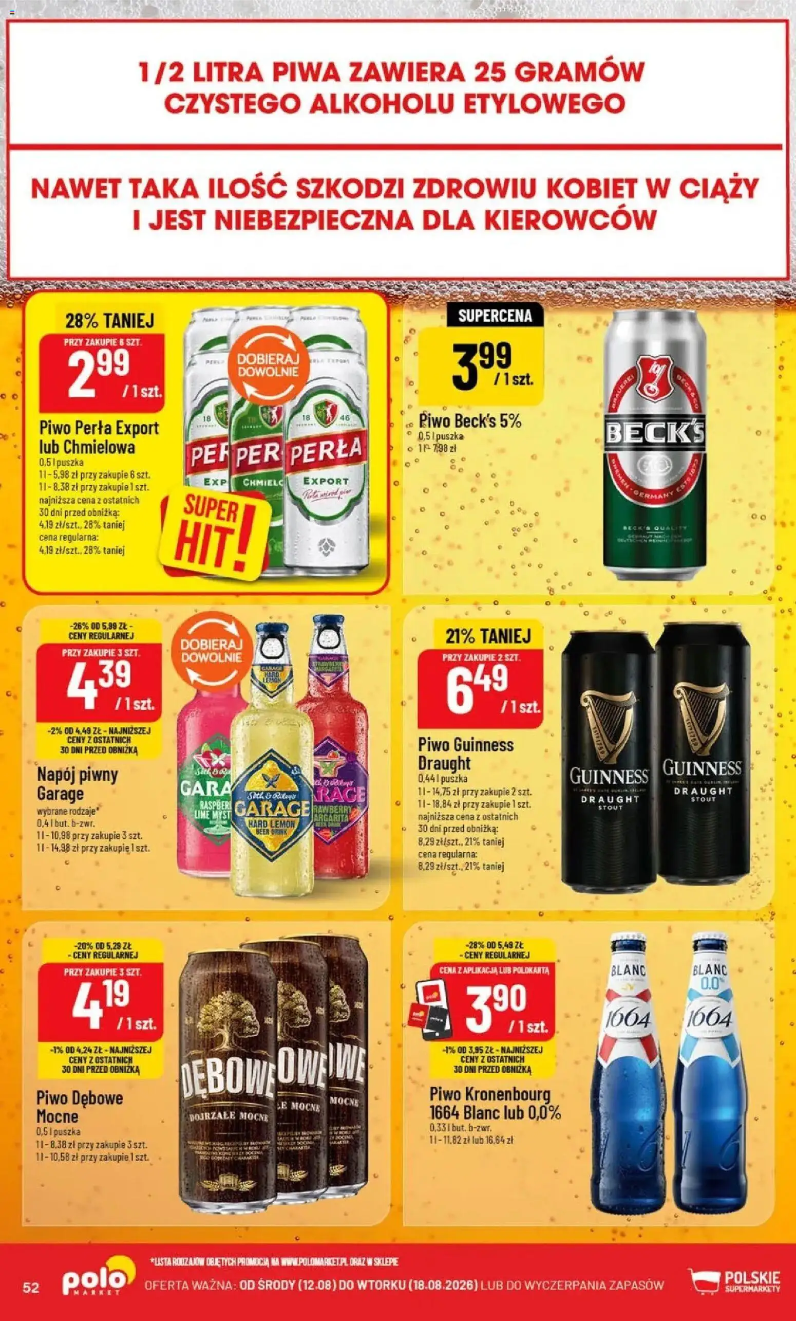 Nowa POLOmarket gazetka od jutra 12.08.2026 | Strona: 52 | Produkty: Piwo Guinness, Guinness, Piwo perła, Piwo