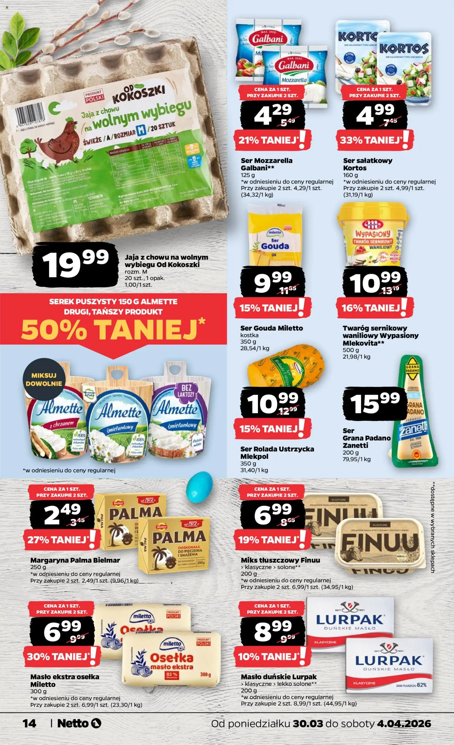 Netto gazetka od poniedziałku spożywcza od 30.03.2026 | Strona: 14 | Produkty: Osełka, Serek, Rolada, Mozzarella