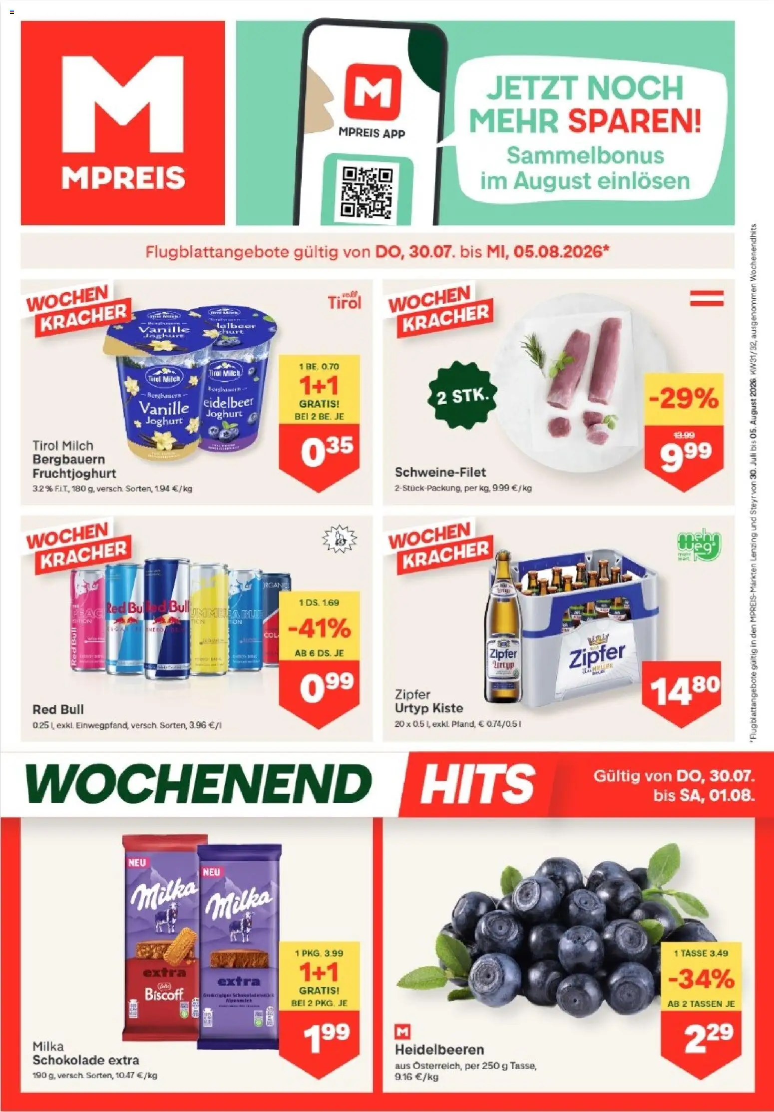 MPREIS Lenzing gültig ab 30.07.2026 | Seite: 1 | Produkte: Milch, Joghurt, Schokolade
