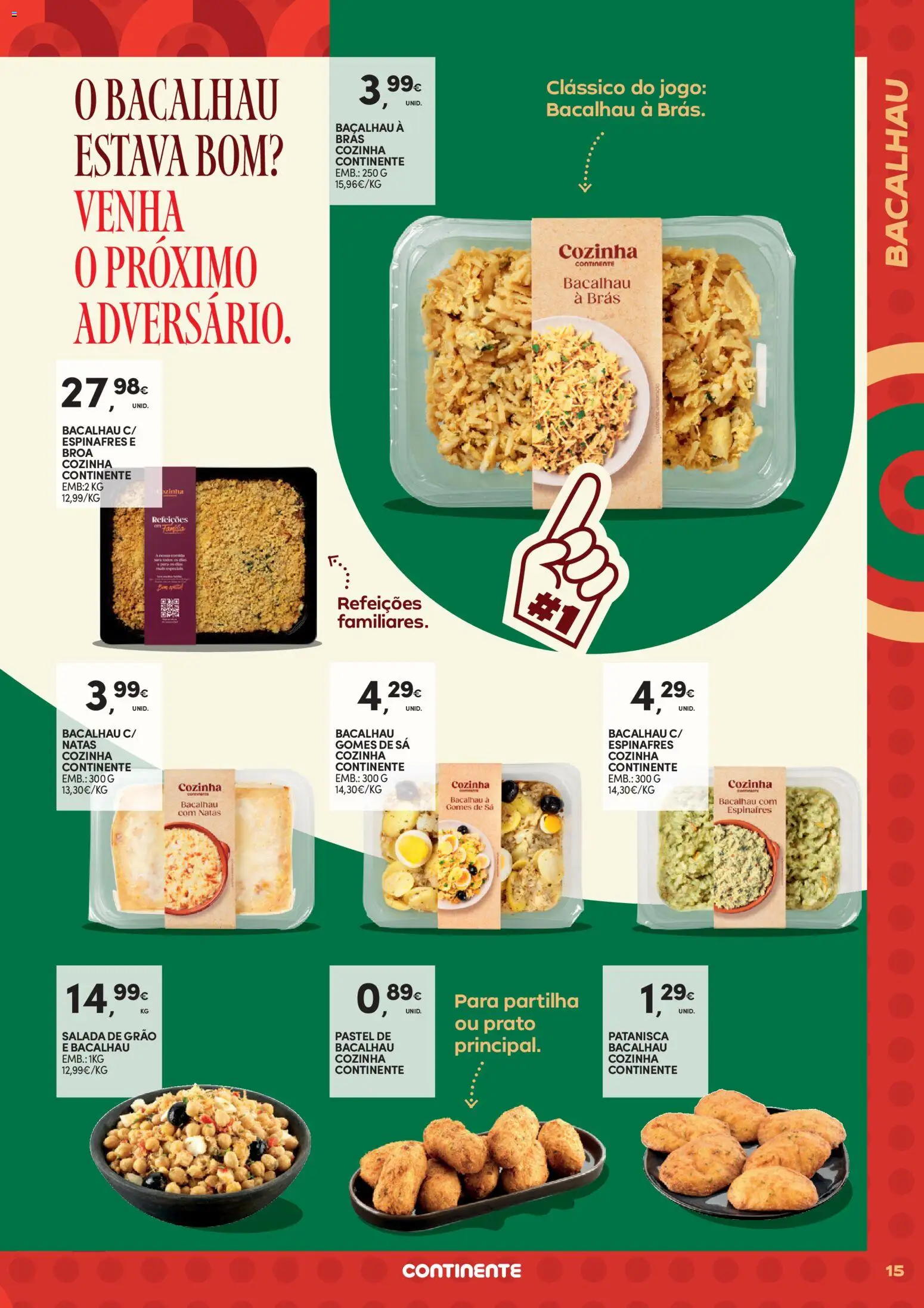 Continente - Futebol Alimenta a fome de vencer │ válido de 09.06.2026 | Página: 15 | Produtos: Espinafres, Bacalhau, Natas, Salada