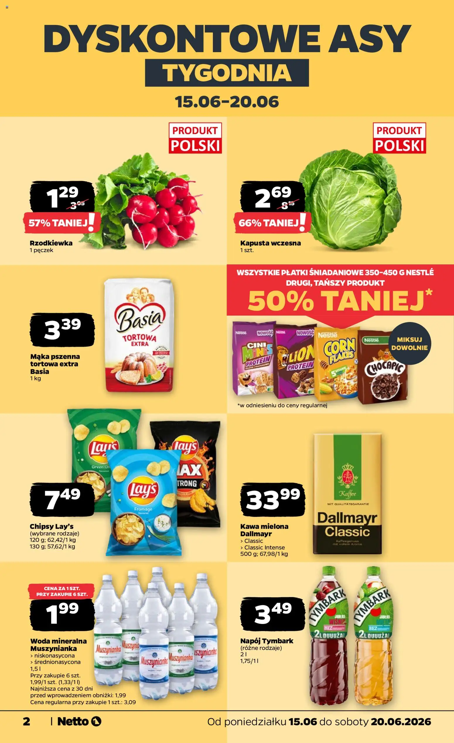 Netto gazetka od poniedziałku spożywcza od 15.06.2026 | Strona: 2 | Produkty: Chipsy, Muszynianka, Kawa, Płatki