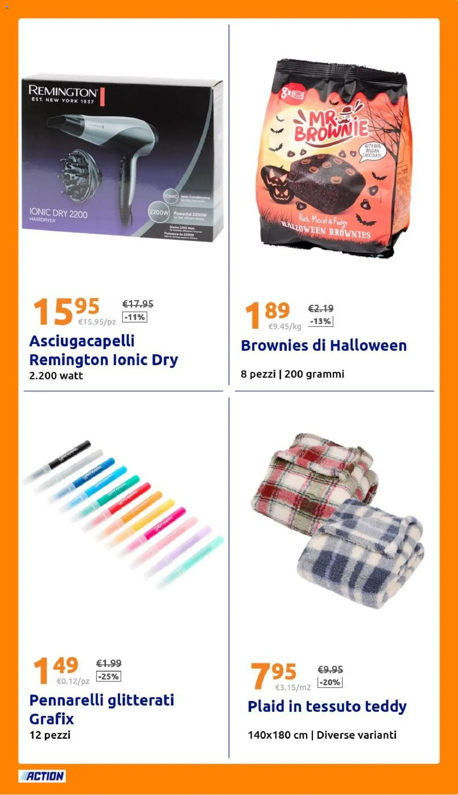 Volantino Action del 14/10/2026 | Pagina: 29 | Prodotti: Plaid, Asciugacapelli, Pennarelli, Brownies