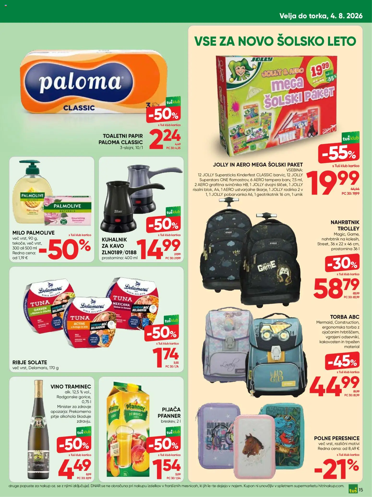 Novi Tuš katalog ponudbe – veljaven od 22.07.2026 | Stran: 15 | Izdelki: Kuhalnik, Tuna, Milo, Nahrbtnik