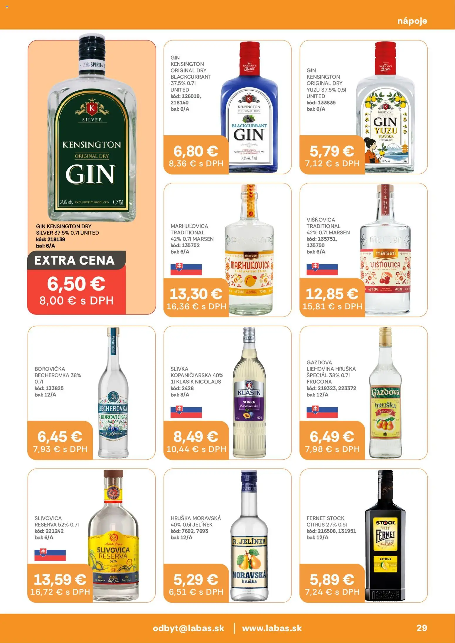 Nové Labaš akcie – leták je platný od 09.10.2026 | Strana: 29 | Produkty: Becherovka, Nápoje, Slivovica, Gin