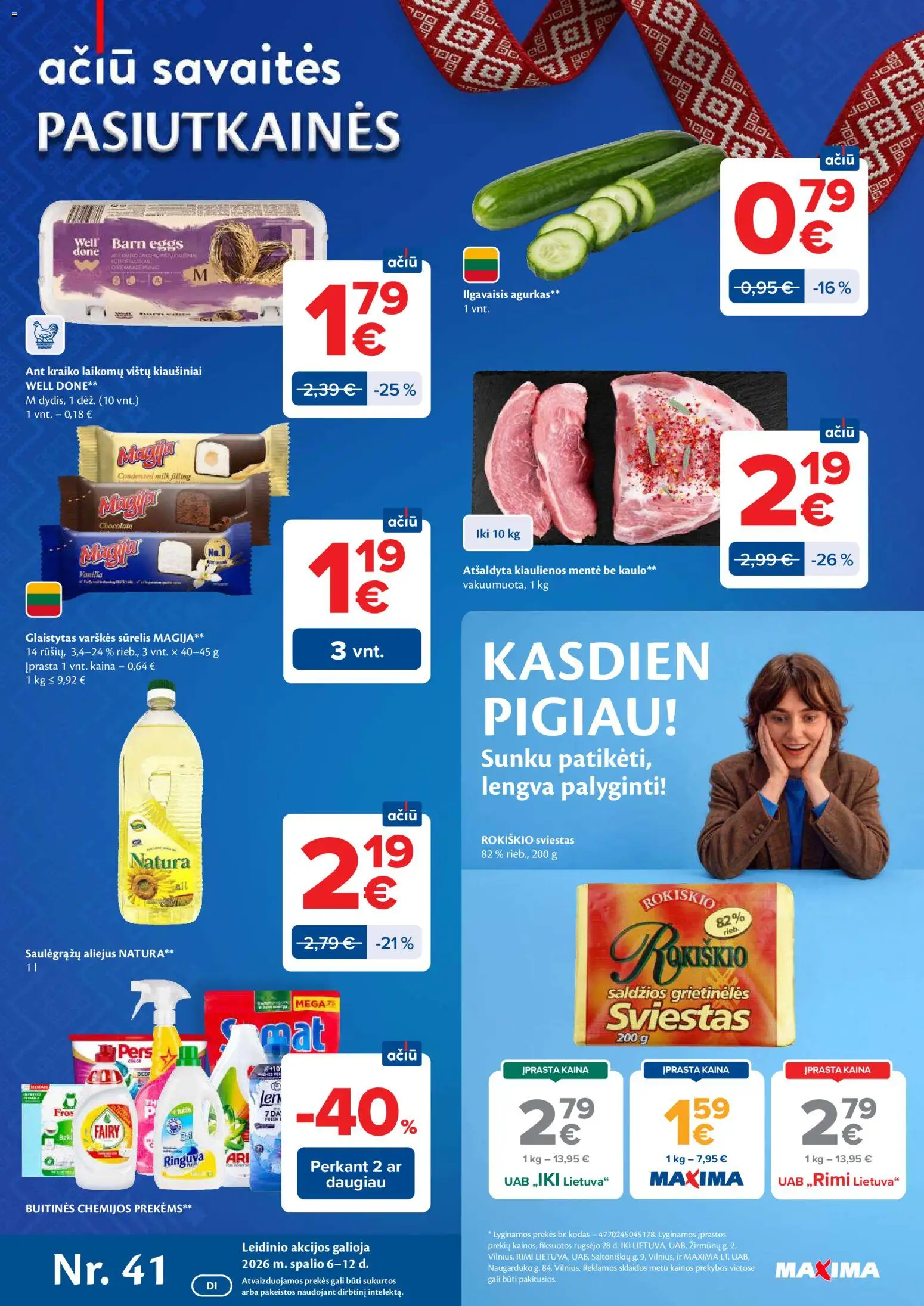 MAXIMA akcijos nuo 2026.10.06 | Puslapis: 1 | Prekių: Agurkas, Aliejus, Kiaulienos mentė be kaulo, Mentė