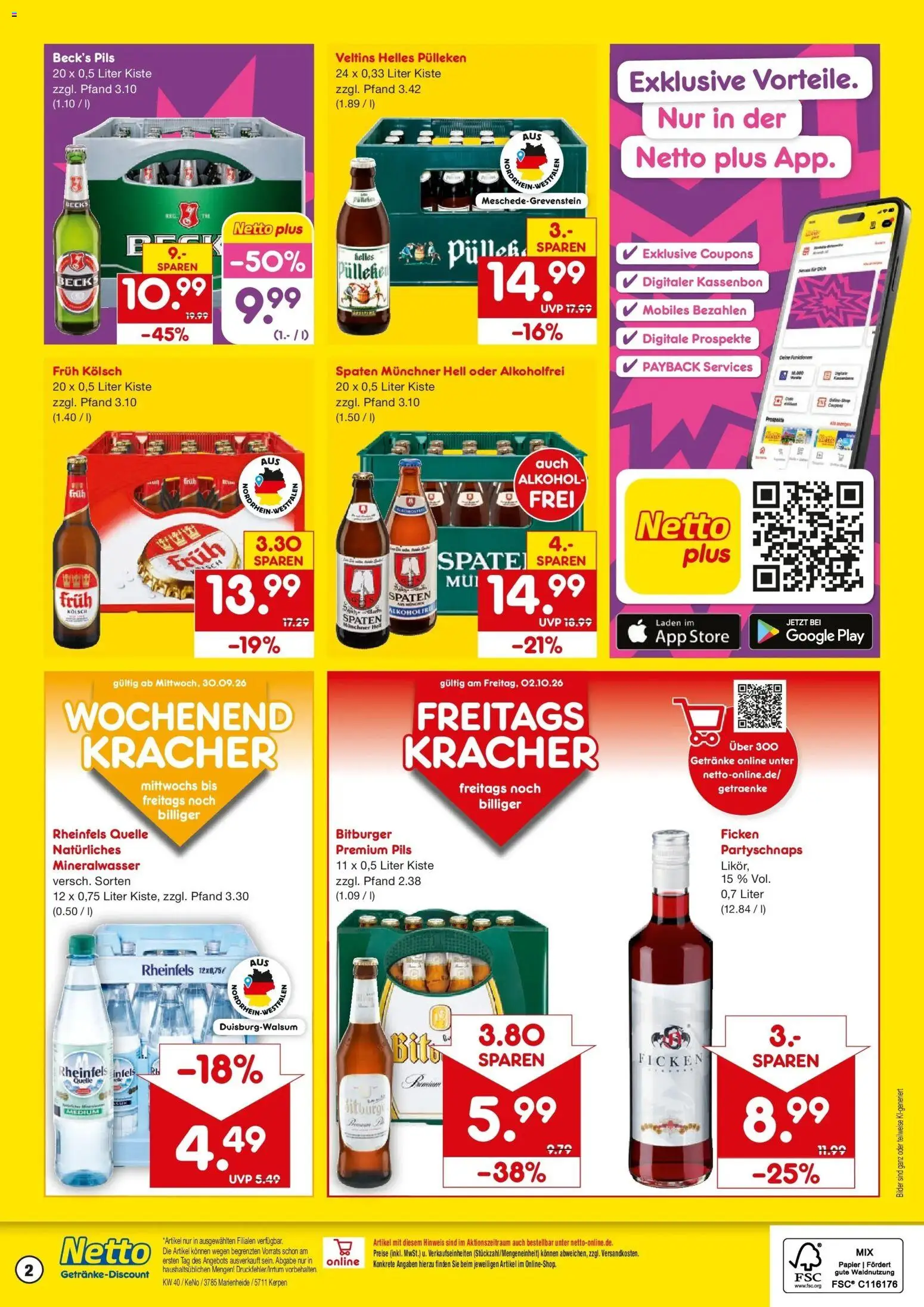 Netto Marken-Discount Prospekt Marienheide – gültig ab 28.09.2026 | Seite: 2 | Produkte: Helles pulleken, Bitburger, Alkohol, Rheinfels quelle