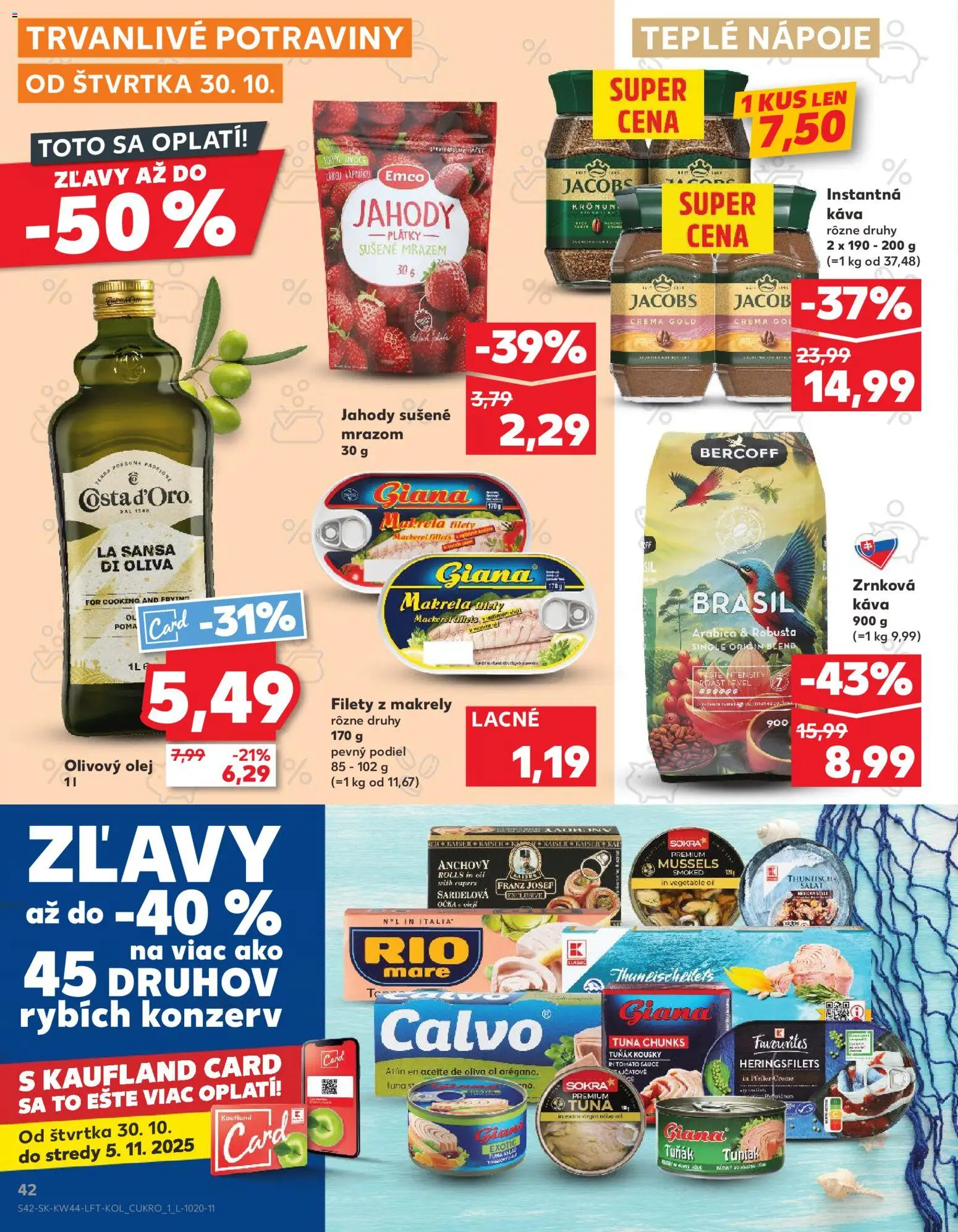 Nové Kaufland akcie – leták je platný od 30.10.2025 | Strana: 42 | Produkty: Nápoje, Olivový olej, Rio Mare, Zrnková káva