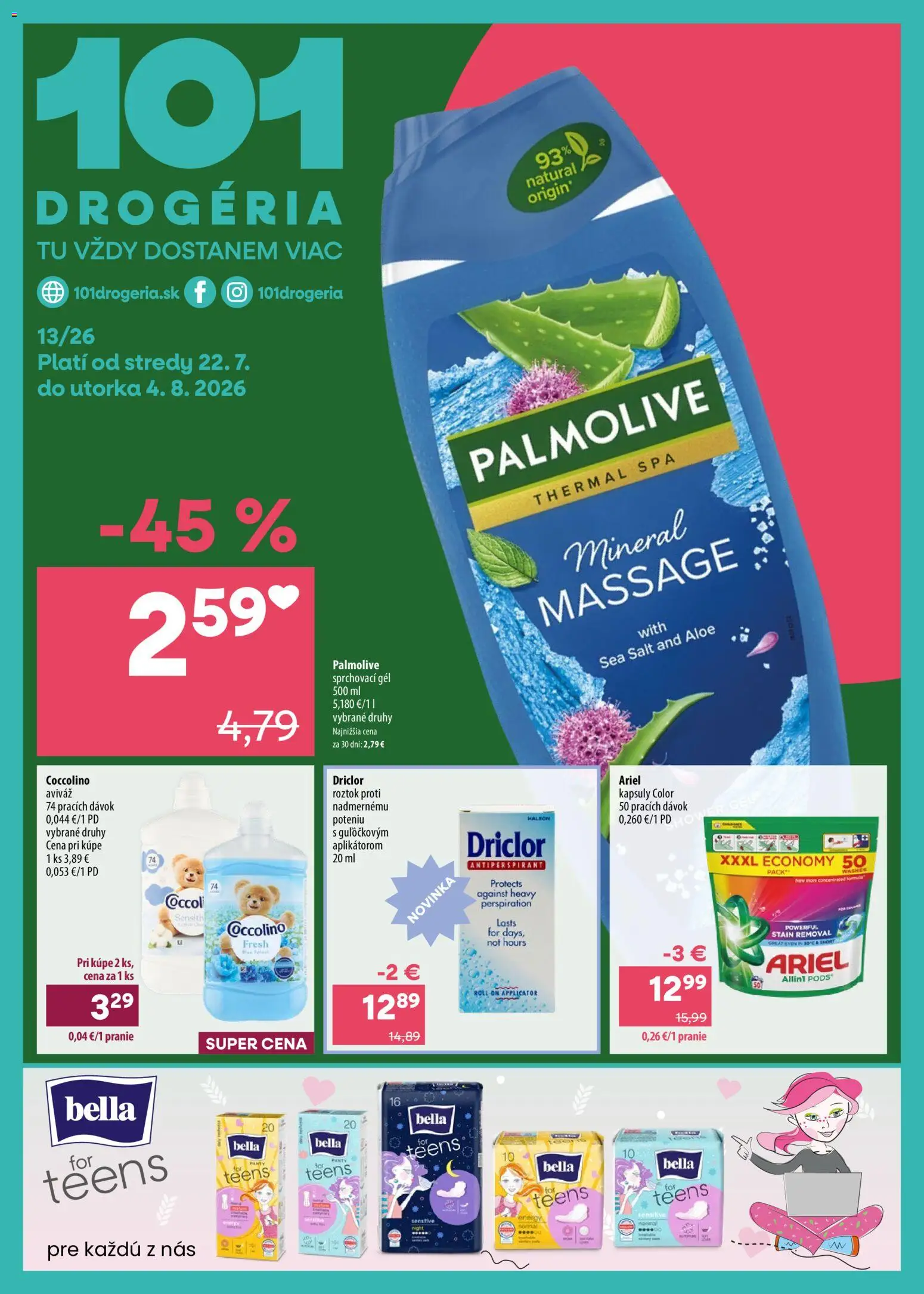 Nové 101 drogerie akcie – leták je platný od 22.07.2026 | Strana: 1 | Produkty: Antiperspirant, Aviváž, Ariel, Coccolino