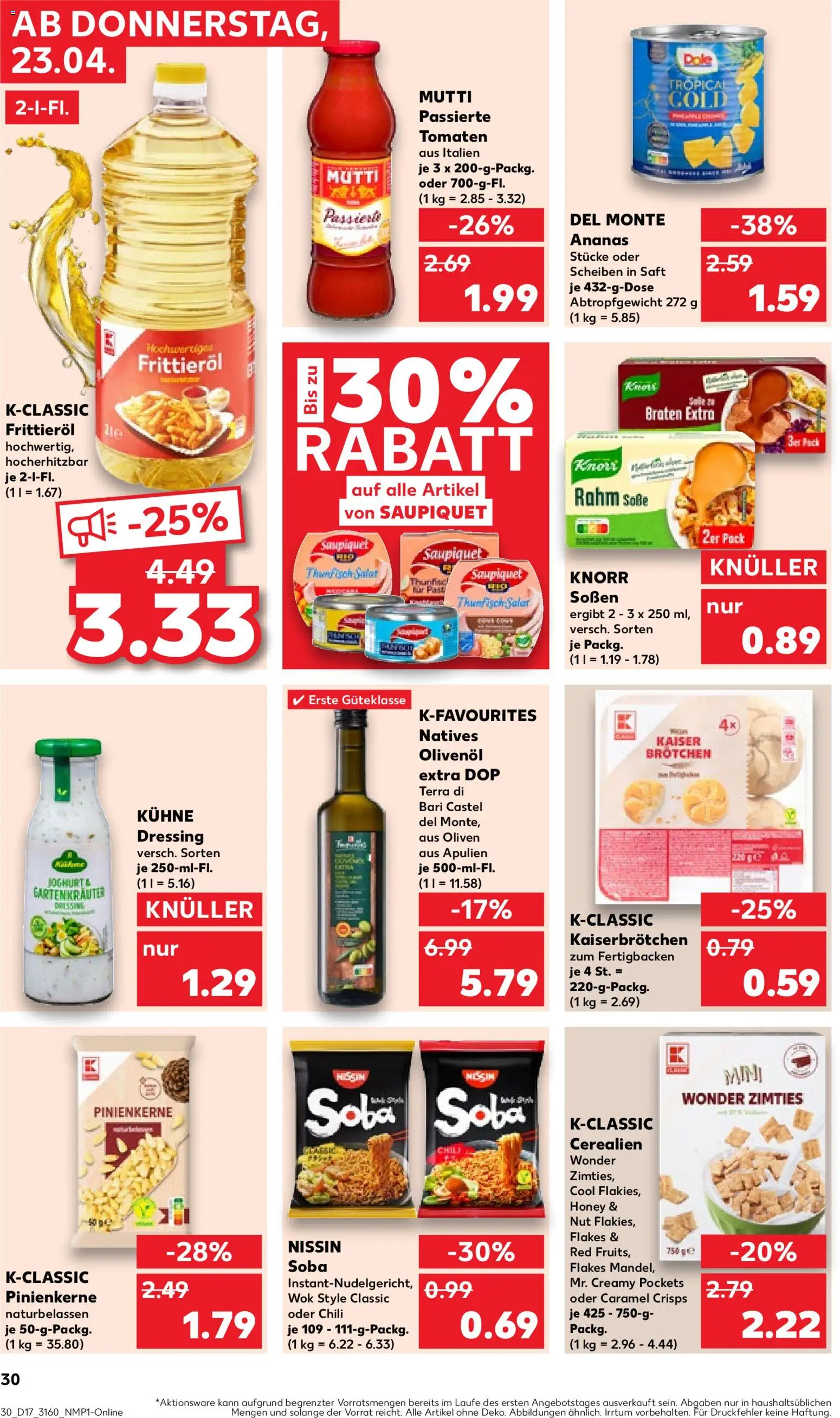 Kaufland Prospekt – gültig ab 23.04.2026 | Seite: 30 | Produkte: Thunfisch, Ananas, Tomaten, Soße