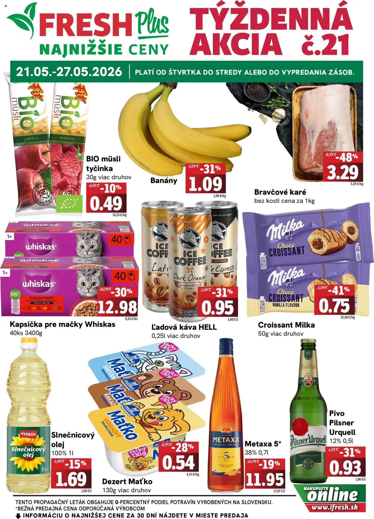Nové Fresh akcie – leták je platný od 21.05.2026 | Strana: 1 | Produkty: Olej, Croissant, Milka, Kakao
