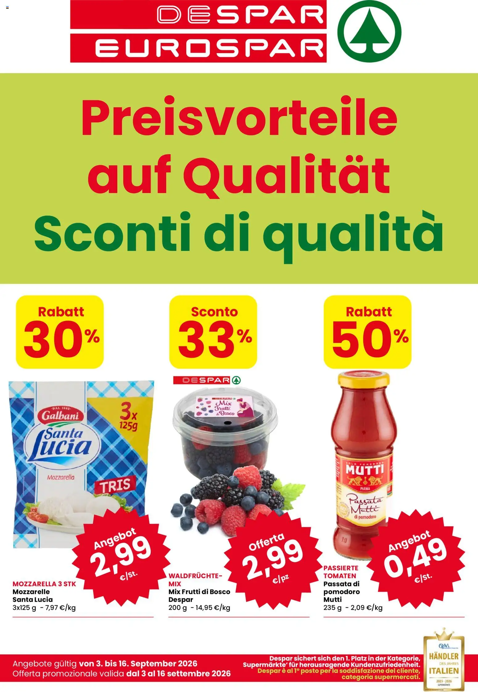 Volantino Despar del 03/09/2026 | Pagina: 1 | Prodotti: Frutti di bosco, Mozzarella, Pomodoro, Mutti