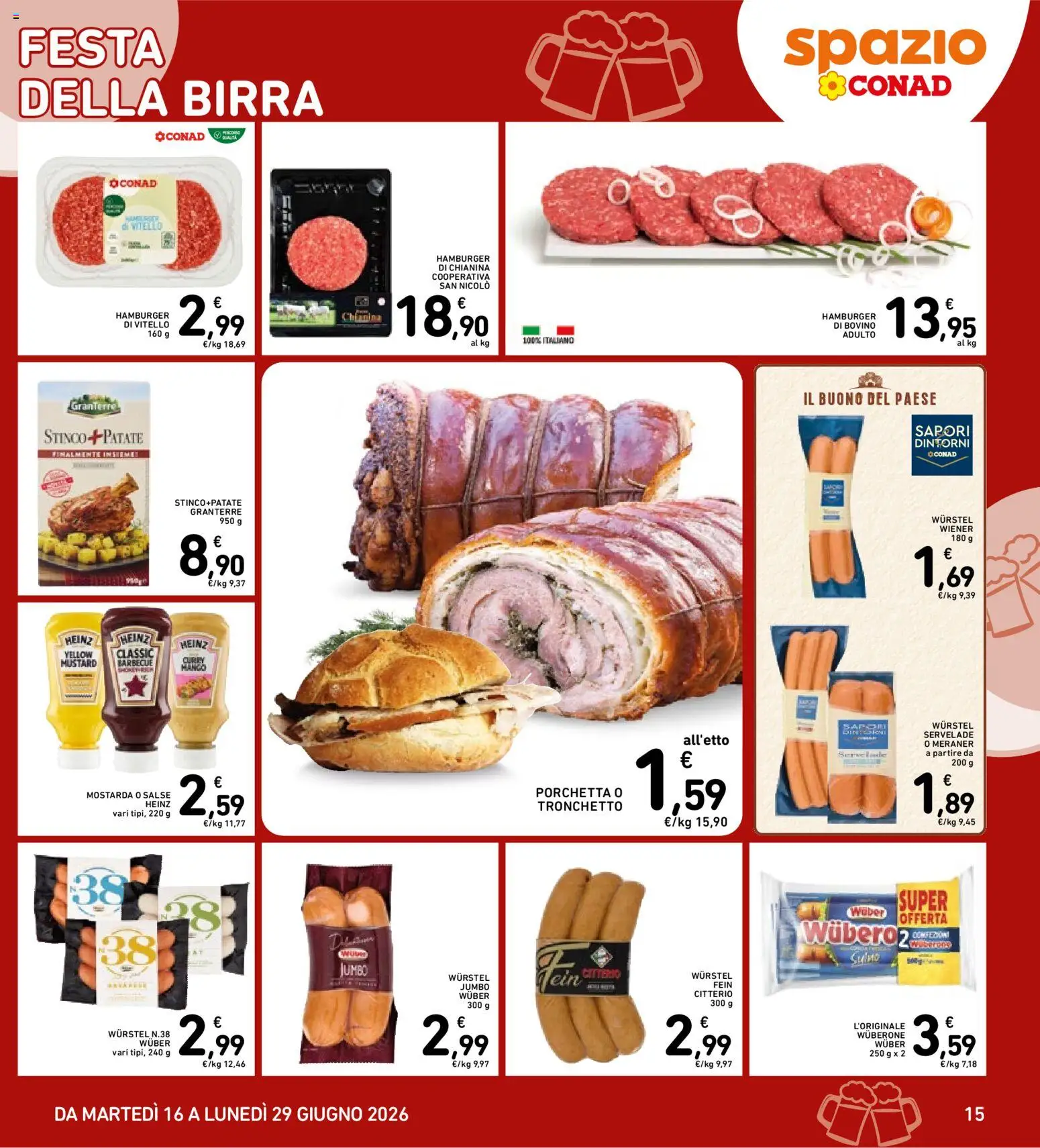 Volantino Spazio Conad del 16.06.2026 | Pagina: 15 | Prodotti: Porchetta, Wurstel, Vitello, Hamburger