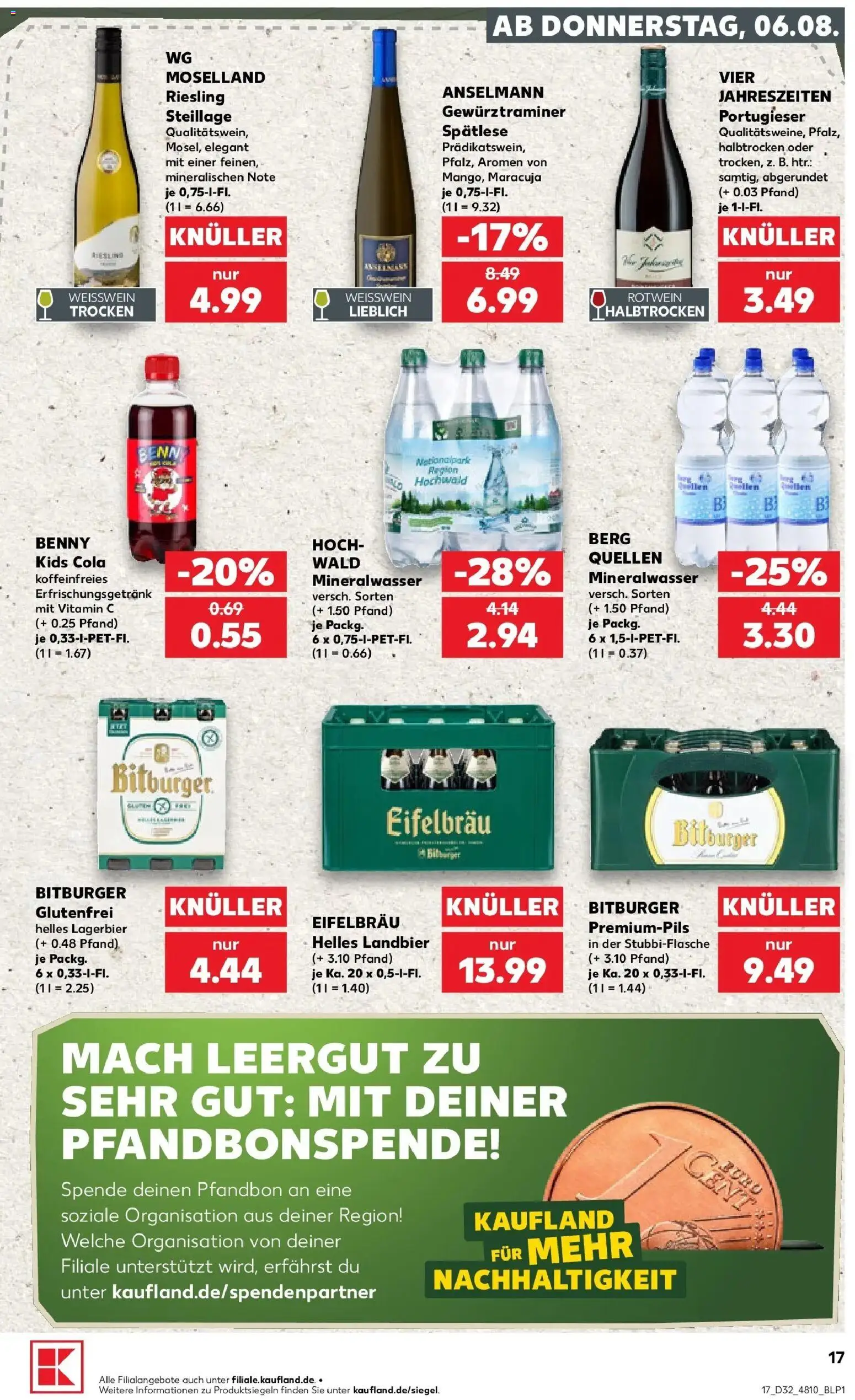 Prospekt Kaufland ab 06.08.2026 » Angebote Online zum Blättern | Seite: 17 | Produkte: Bitburger, Weißwein, Burger, Mineralwasser