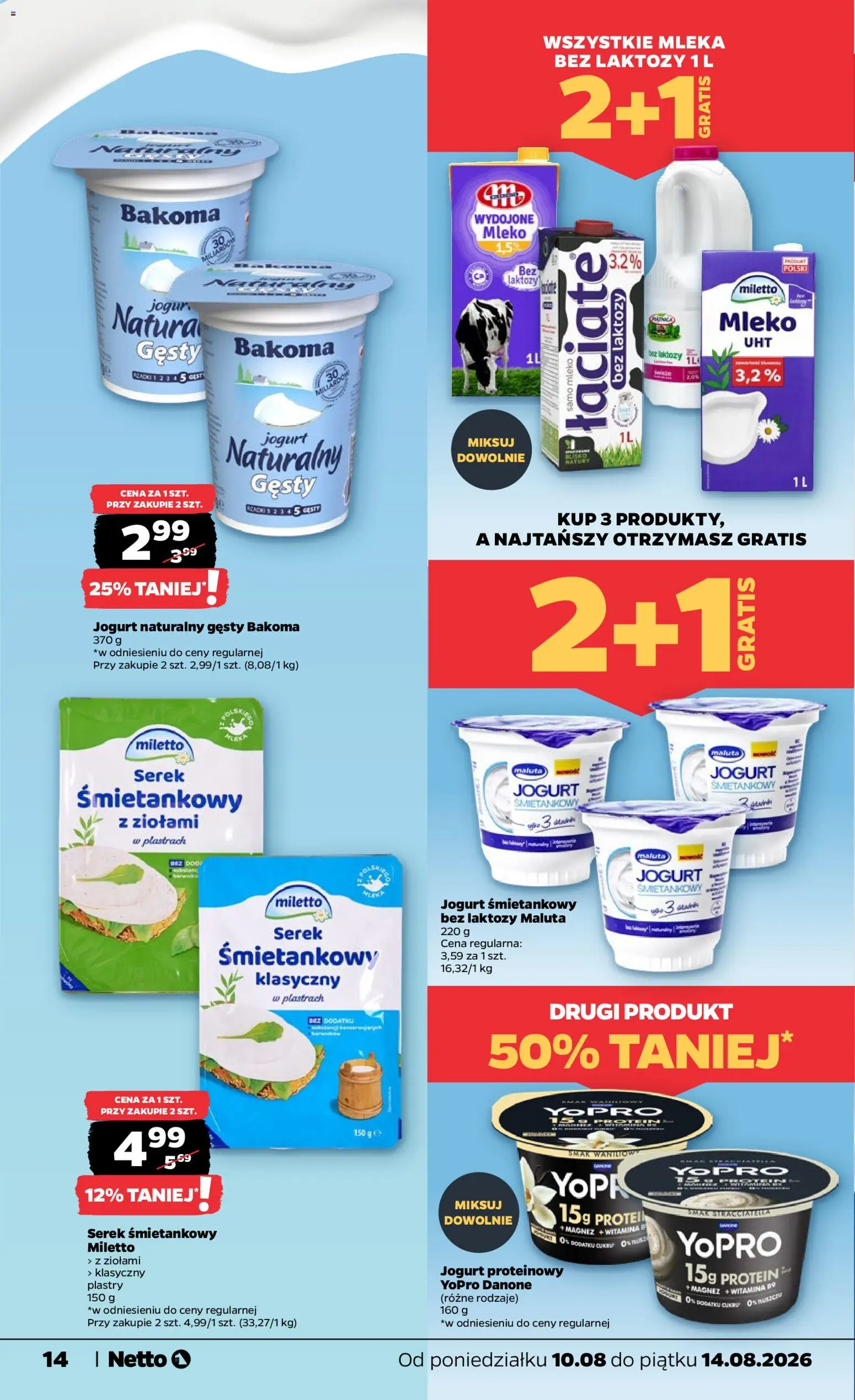 Netto gazetka od poniedziałku od 10.08.2026 | Strona: 14 | Produkty: Cream cheese, Mleka, Jogurt, Mleko UHT