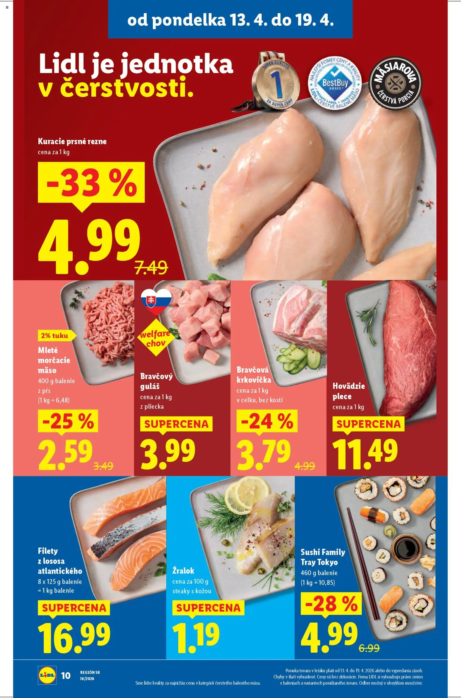 Nové Lidl akcie – leták je platný od 13.04.2026 | Strana: 10 | Produkty: Bravčová krkovička, Krkovička, Sushi, Steak